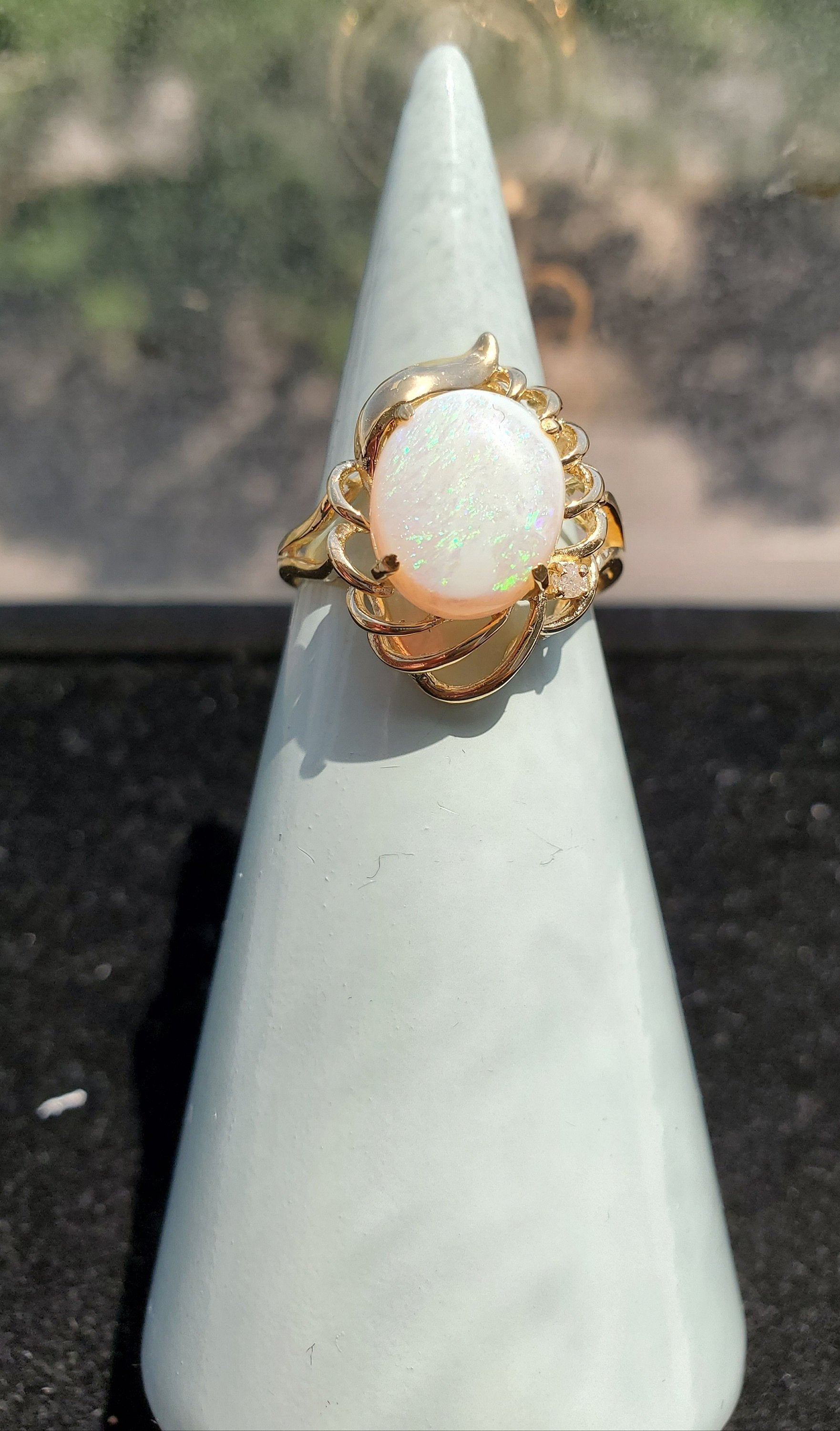 14K Yellow Gold Solitaire Opal Ring for Women - Elegant Birthstone Jewelry Gift for Anniversary, Engagement & Special Occasions
