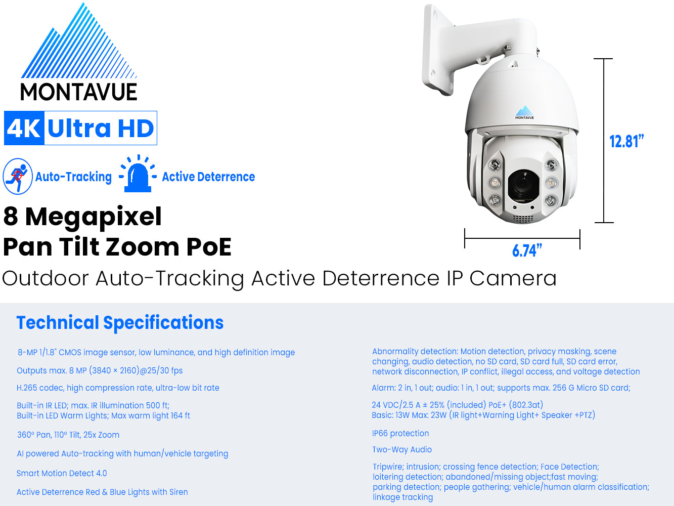 8MP 4K Auto Tracking PTZ Security Camera with 25x Optical Zoom & Active Deterrence - Outdoor/Indoor Surveillance for Home, Business & Warehouse Protection