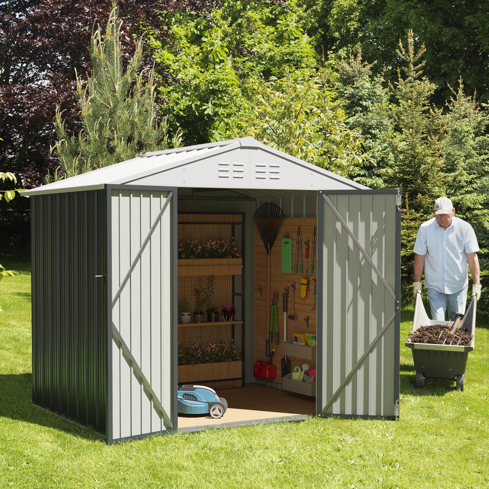 JUMMICO 6x8 FT Metal Outdoor Storage Shed - Lockable Waterproof Garden Tool Shed for Backyard, Patio & Lawn - Heavy Duty Grey Steel Utility Shed (Perfect for Storing Lawn Mowers, Bikes & Outdoor Equipment)