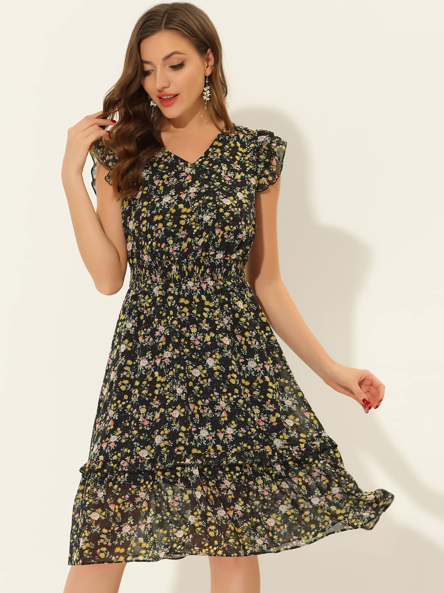 Allegra K Women's Floral Summer Dress with Flutter Sleeves & V-Neck - Smocked Waist Ruffle Midi Dress for Casual Outings, Beach Vacations & Date Nights