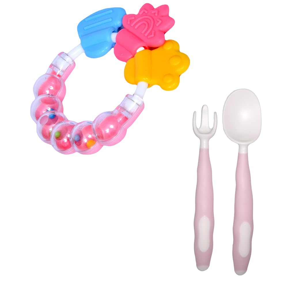 Kritiu BPA-Free Silicone Baby Rattle Nibbler & Spoon Set - Safe Teething Toy & Feeding Utensils for Infants 6+ Months - Perfect for Soothing Gums & First Foods (Pink & Baby Pink) | Great for On-the-Go Feeding & Playtime