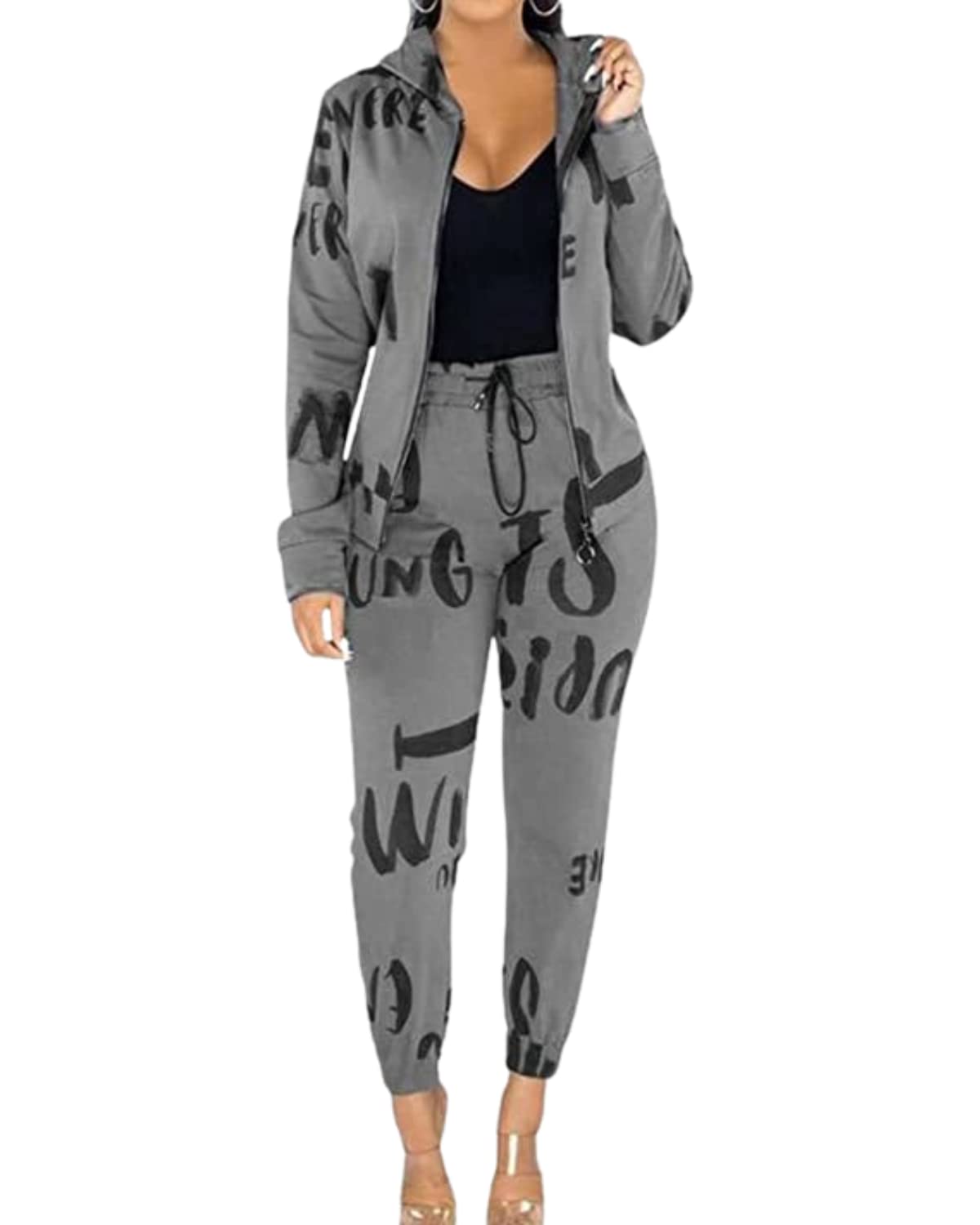 QUECY® Women's Casual Alphabet Print Hoodie and Pants Set - 2 Piece Polyester Outfit, Regular Fit, Gray - Perfect for Loungewear, Street Style & Everyday Comfort