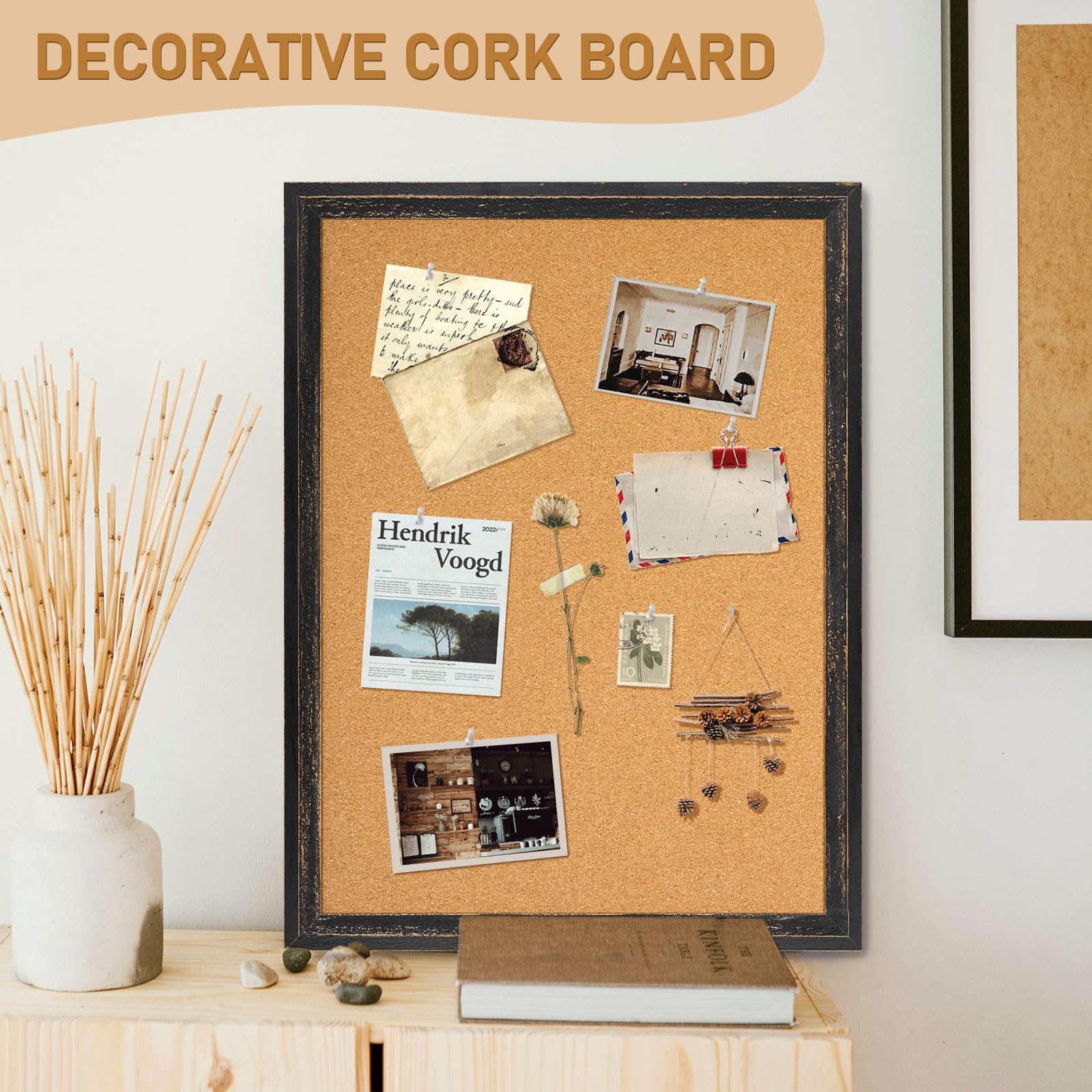 24x18 Inch Cork Bulletin Board with Rustic Wooden Frame - Decorative Office & Home Pin Board for Vision Boards, Notices & Wall Decor (Black) | Perfect for Home Offices, Classrooms & Workspaces