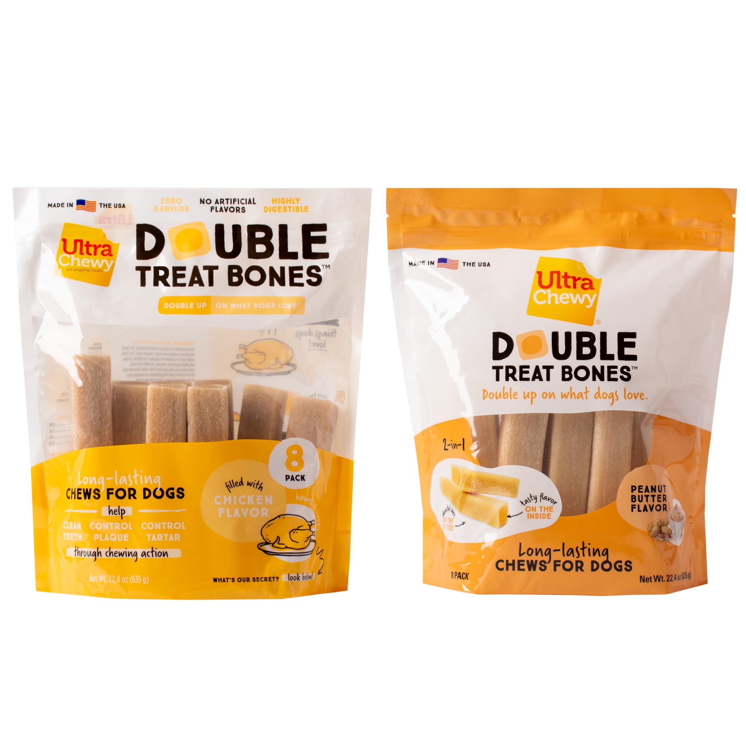 Ultra Chewy Double Treat Bones for Dogs - Long-Lasting USA Made Dog Treats for Large & Small Breeds - Highly Digestible Peanut Butter & Chicken Flavor (2 Pack) - Perfect for Aggressive Chewers, Training Rewards & Dental Health