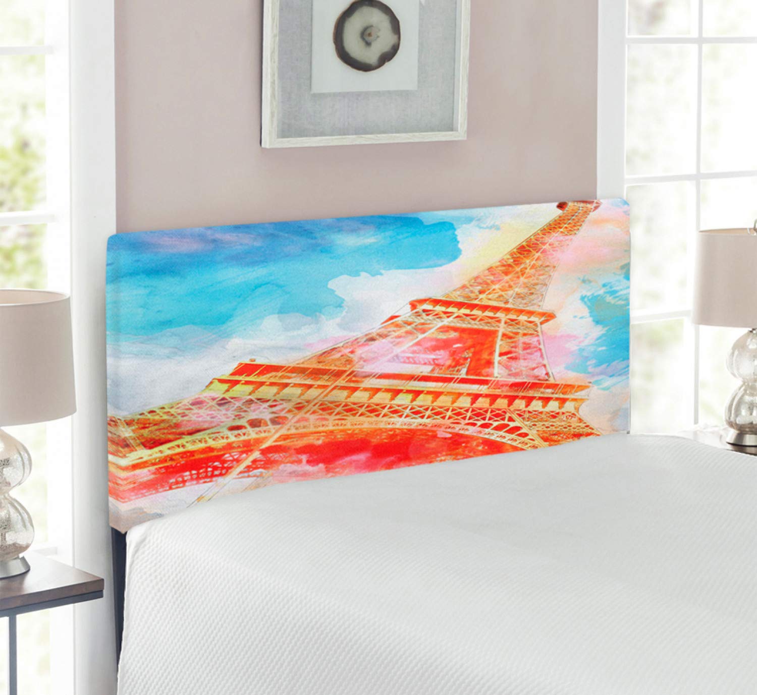 Ambesonne Eiffel Tower Headboard - Watercolor Painted Parisian Landmark Design, Upholstered Decorative Metal Bed Headboard with Memory Foam (Twin Size, Yellow Blue Red) | Perfect for Paris-Themed Bedrooms & French Decor