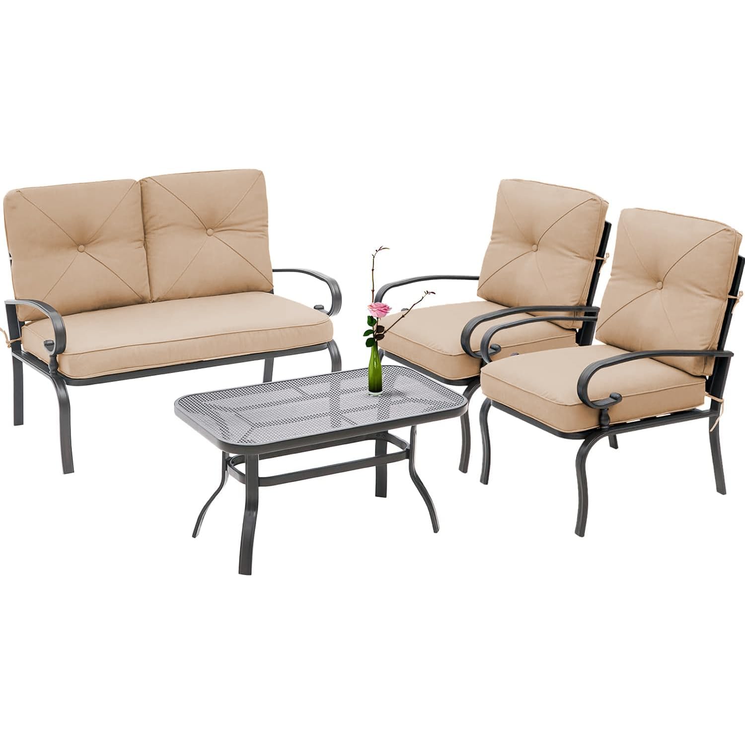 Incbruce 4-Piece Outdoor Metal Patio Furniture Set - Wrought Iron Loveseat, 2 Chairs & Coffee Table with Brown Cushions - Durable Steel Frame for Garden, Backyard, Poolside or Terrace Relaxation