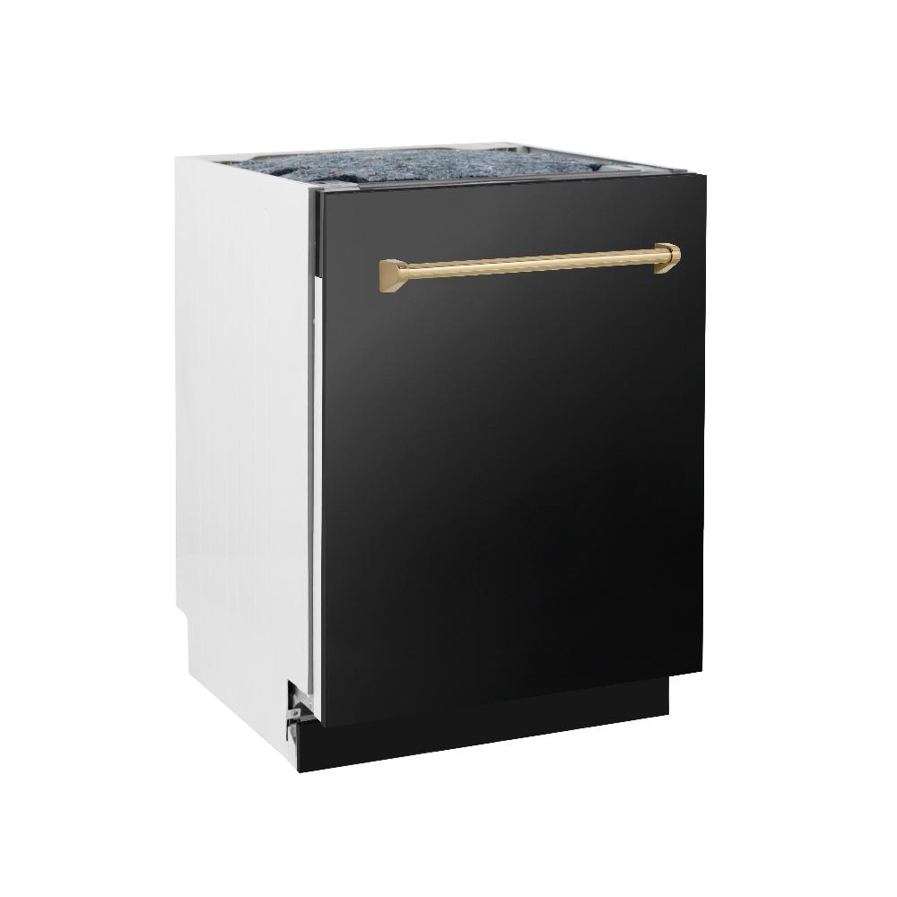 ZLINE Autograph Edition 24 Inch Black Stainless Steel Dishwasher with Champagne Bronze Handle - 3rd Rack & Top Control Panel - Ultra Quiet 51dBa - Perfect for Modern Kitchens & Open Concept Homes (Model DWVZ BS 24 CB)