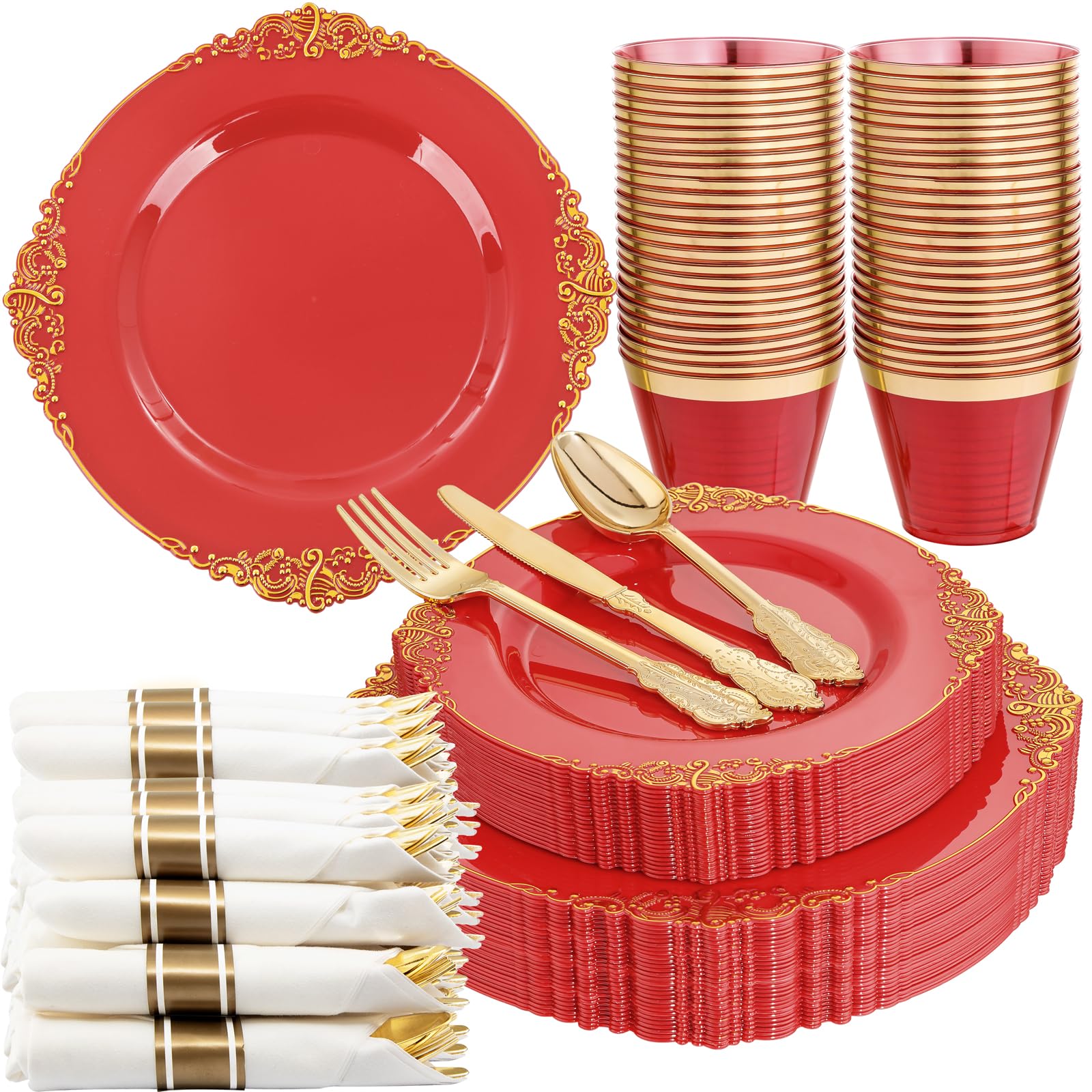 Nervure 175-Piece Disposable Red Plastic Party Dinnerware Set - 50 Plates, 75 Silverware, 25 Cups & 25 Napkins for Christmas, Birthday & Holiday Celebrations - Perfect for 25 Guests at Weddings, BBQs & Family Gatherings