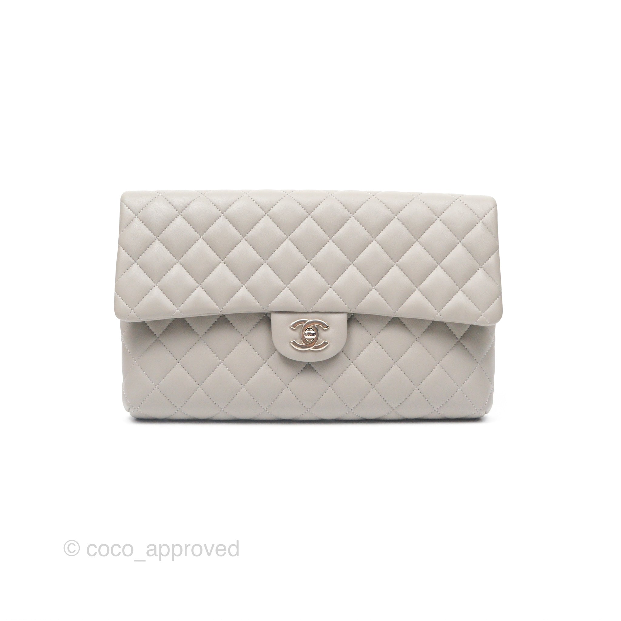 Chanel Classic Flap Clutch Quilted Light Grey Lambskin Silver Hardware - Luxury Designer Handbag for Women, Perfect for Evening Events & Special Occasions