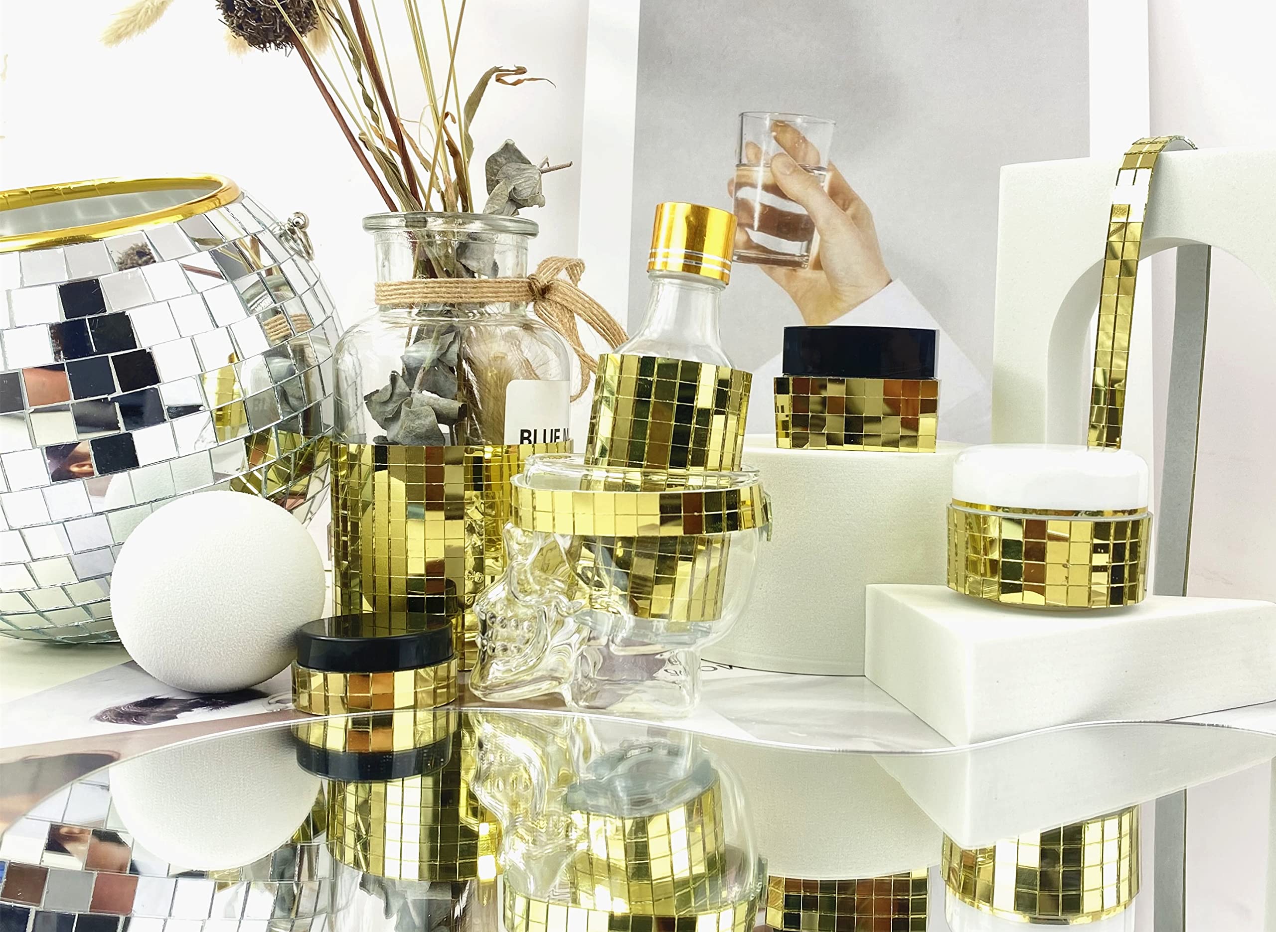 REDODECO 7200Pcs Self-Adhesive Square Mirror Mosaic Tiles - Disco Ball & DIY Craft Glass Tiles in Gold (15 Sheets) for Home Decor, Wall Art, and Party Decoration