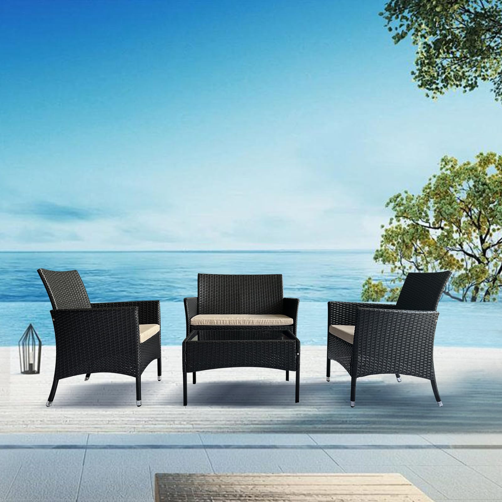4-Piece Patio Furniture Set - Wicker Sectional Sofa with Armrest, Loveseat, Rattan Side Table & Chairs - Outdoor Conversation Set for Garden, Lawn, Pool or Backyard (Coffee/Beige) | Perfect for Relaxing, Entertaining & Enhancing Your Outdoor Living Space