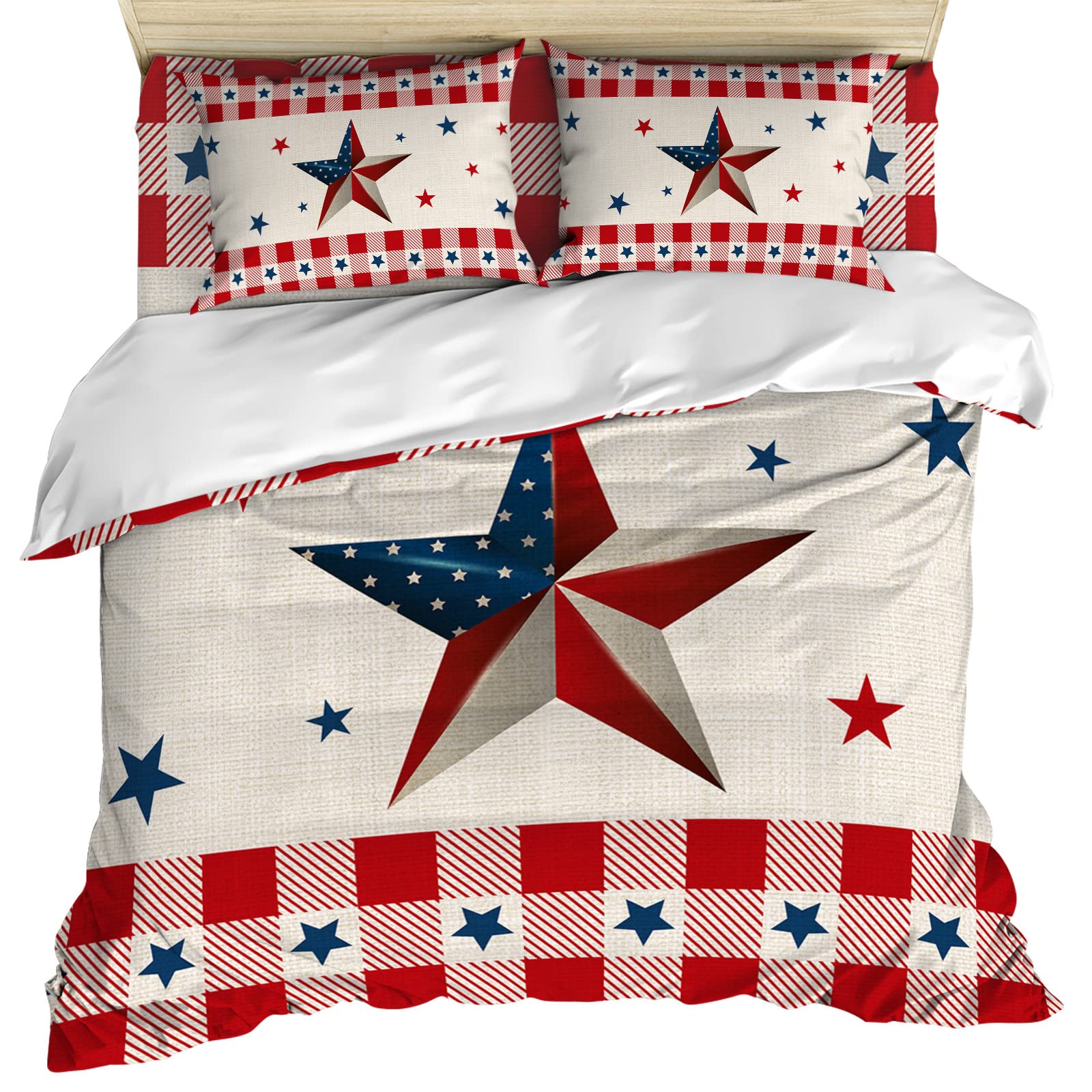 LEOKOTI 4 Piece Queen Size Bedding Set - Patriotic Red Plaid Star Quilt Cover with Pillow Shams & Sheet, Breathable Microfiber All Season Comforter Set | Perfect for 4th of July Decor, Independence Day Celebration, Guest Room & Cozy Home Bedroom