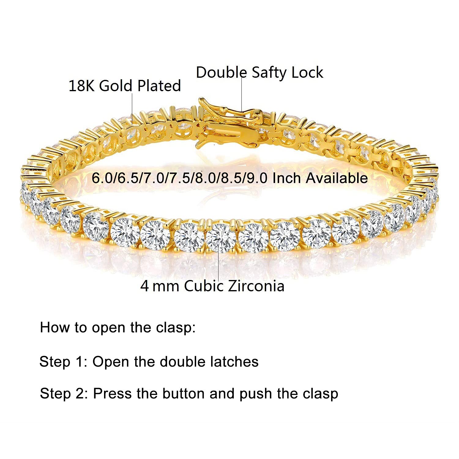 Gemsme 18K Yellow Gold Plated Cubic Zirconia Tennis Bracelet for Men & Women - 4.0mm Round CZ Stones, Adjustable 6-9 Inch - Perfect for Weddings, Anniversaries & Formal Events
