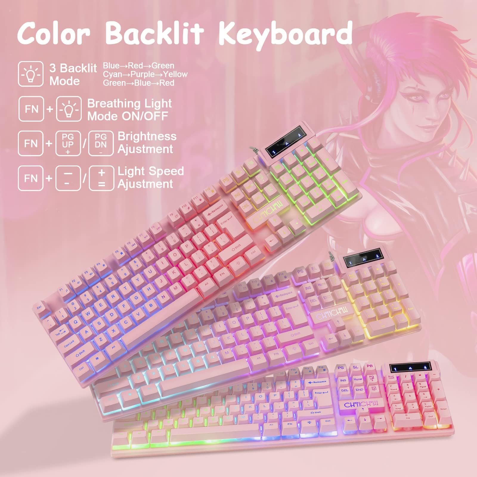 Pink Gaming Keyboard & Mouse Combo with Backlit, RGB for PC, Mac, PS4 - Perfect for Girls & Women Gamers