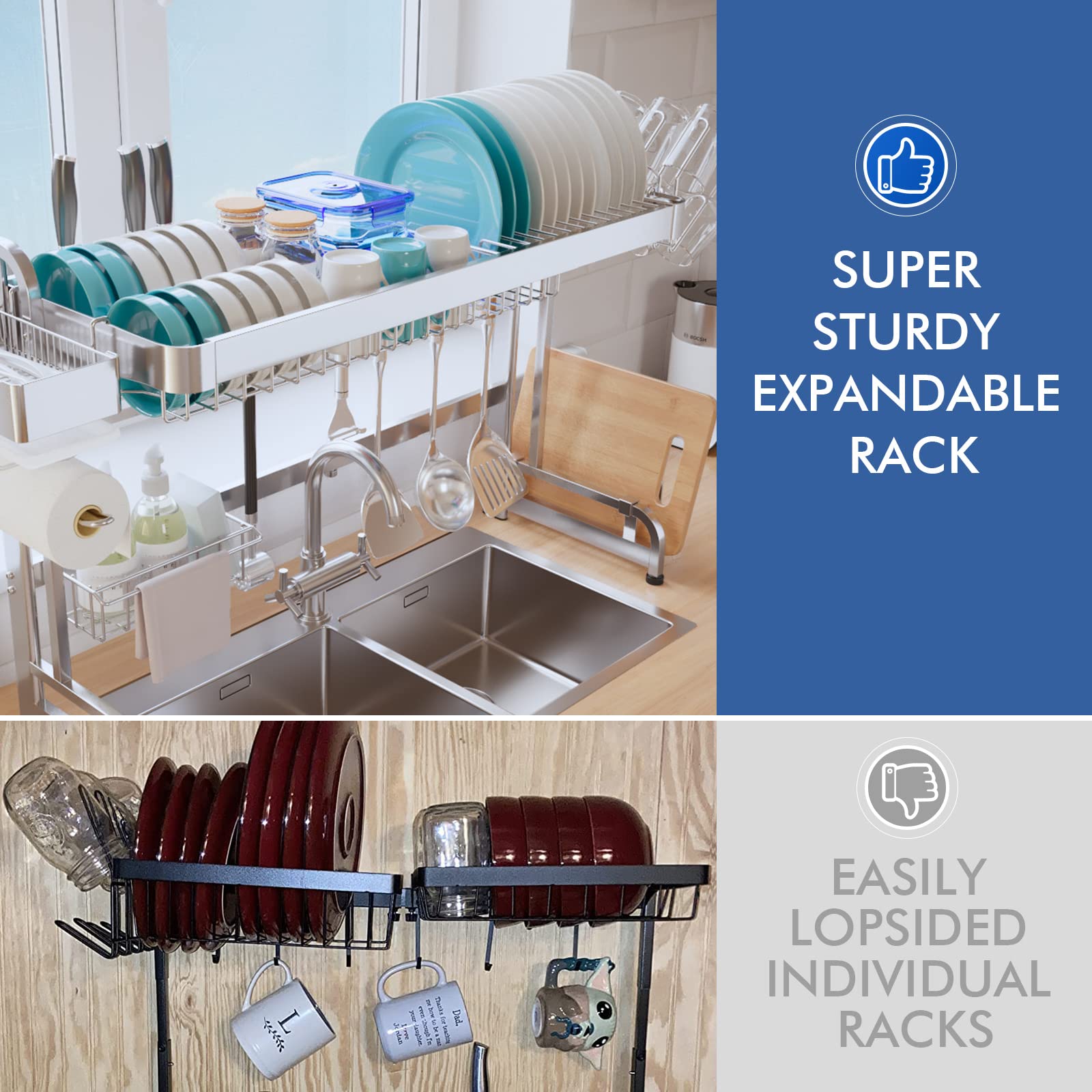 Adjustable 2-Tier Over The Sink Dish Drying Rack (25.6-37.6in) - Stainless Steel Space Saving Kitchen Organizer for Dishes, Utensils & Cutting Boards | Perfect for Small Kitchens, Apartments & RV Living