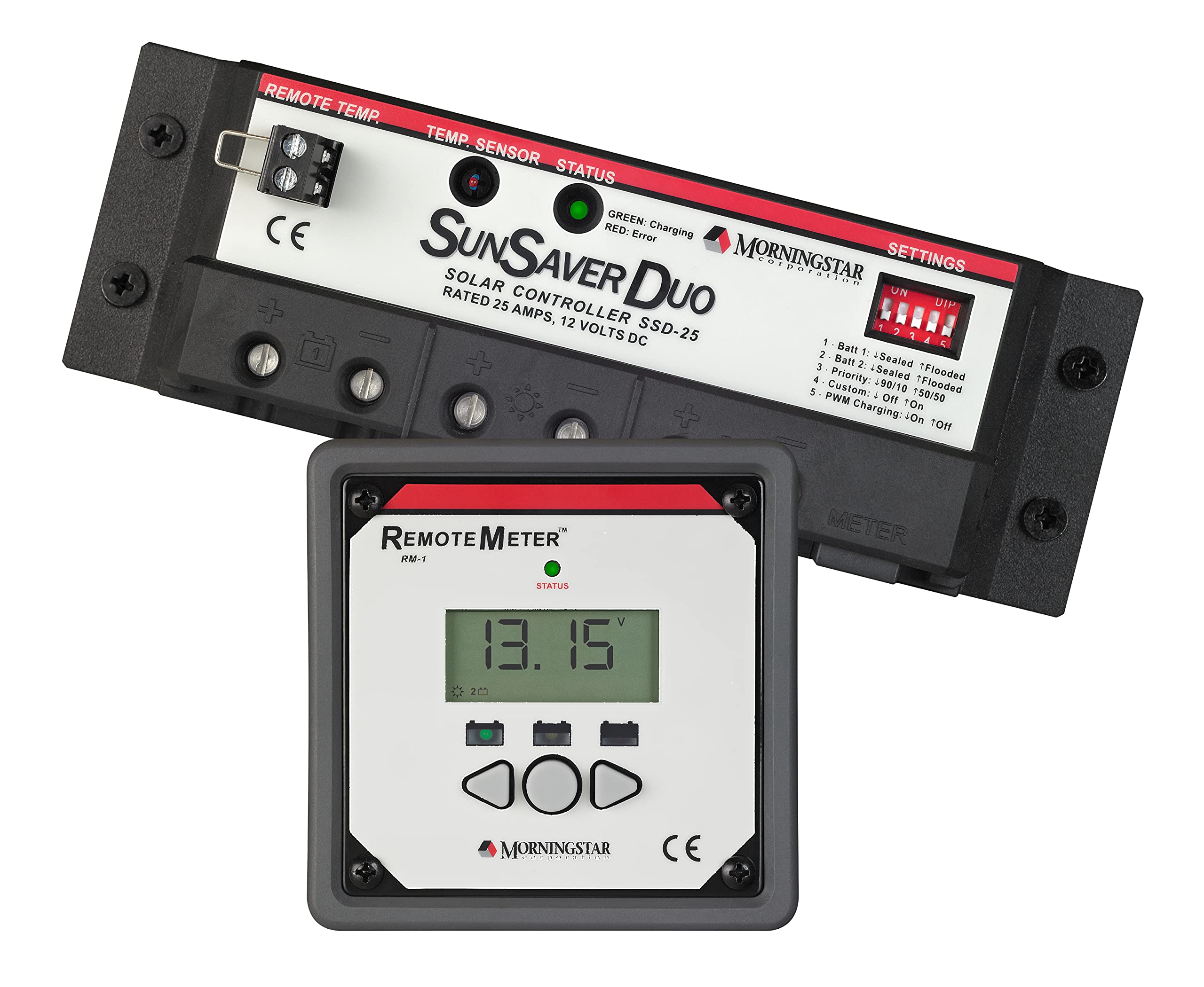 Morningstar SunSaver Duo 25A PWM Solar Charge Controller 12V - Reliable Solar Panel Controller with LCD Display for RV, Boat & Off-Grid Systems - Low Failure Rate Solar Battery Charger for 12V Batteries
