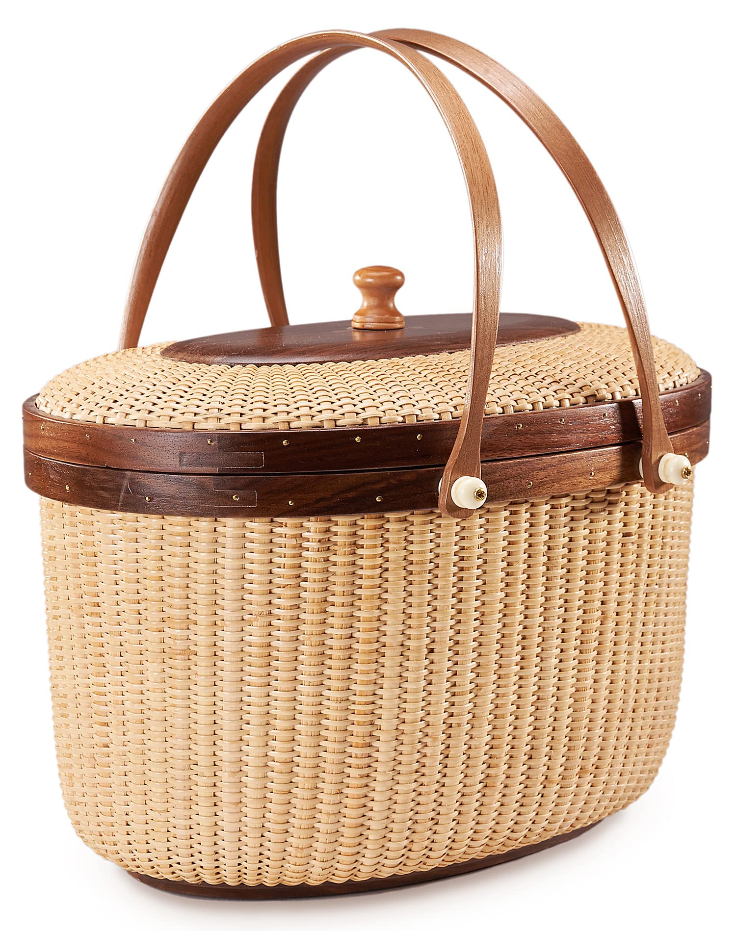 Handmade Nantucket Style Rattan Picnic Basket with Two Swing Handles - Woven Sewing Storage Tote Bag for Women | Perfect for Beach Outings, Picnics, and Home Decor