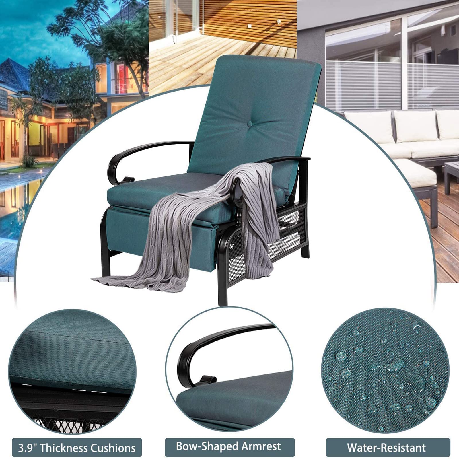 Crownland Outdoor Patio Furniture Set - Adjustable Reclining Lounge Chairs with Peacock Blue Removable Cushions, Black Metal Recliners for Backyard, Poolside & Garden Relaxation