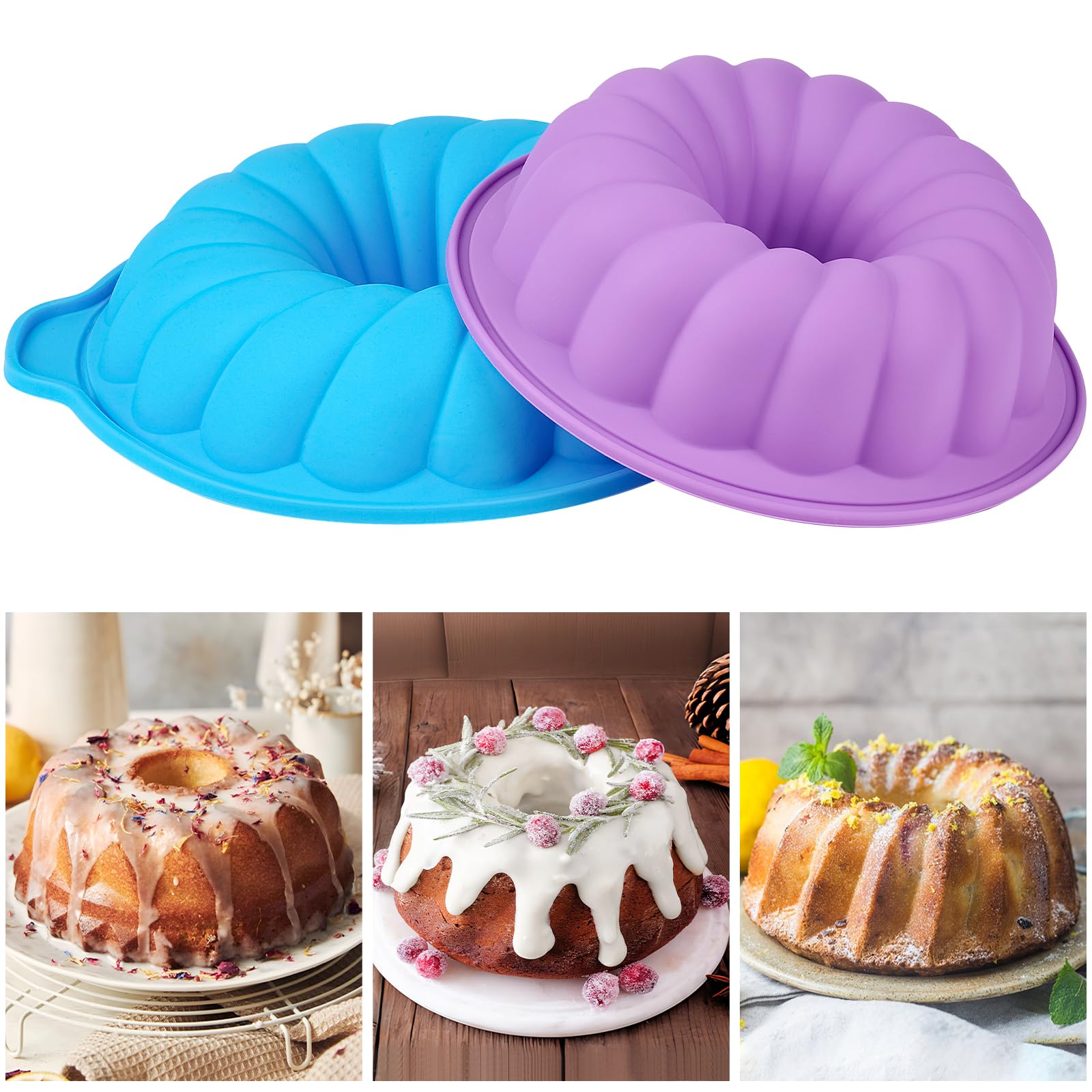 2 Pack Non-Stick Silicone Cake Pans - 8 & 10 Inch Baking Molds for Gelatin, Bundt Cake, Jello, Brownie, Cornbread | Perfect for Home Baking, Party Desserts & Holiday Cooking