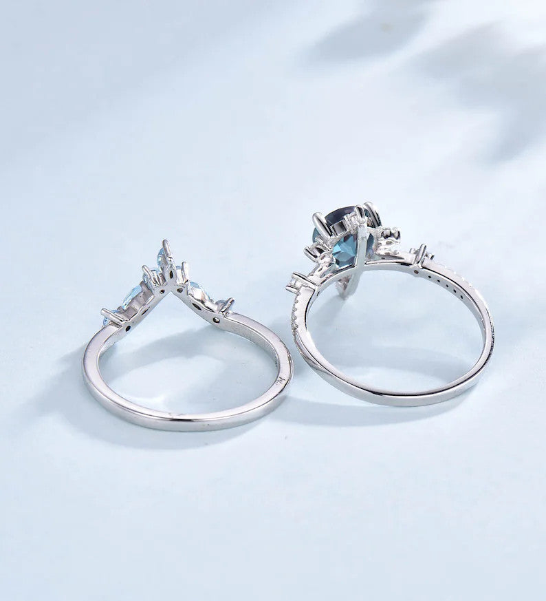 0.8CT Teardrop Moss Agate Engagement Ring with Blue Topaz Stacking Band - Elegant Wedding, Promise & Anniversary Jewelry Gift for Her - Perfect for Proposals, Bridal Sets & Everyday Wear