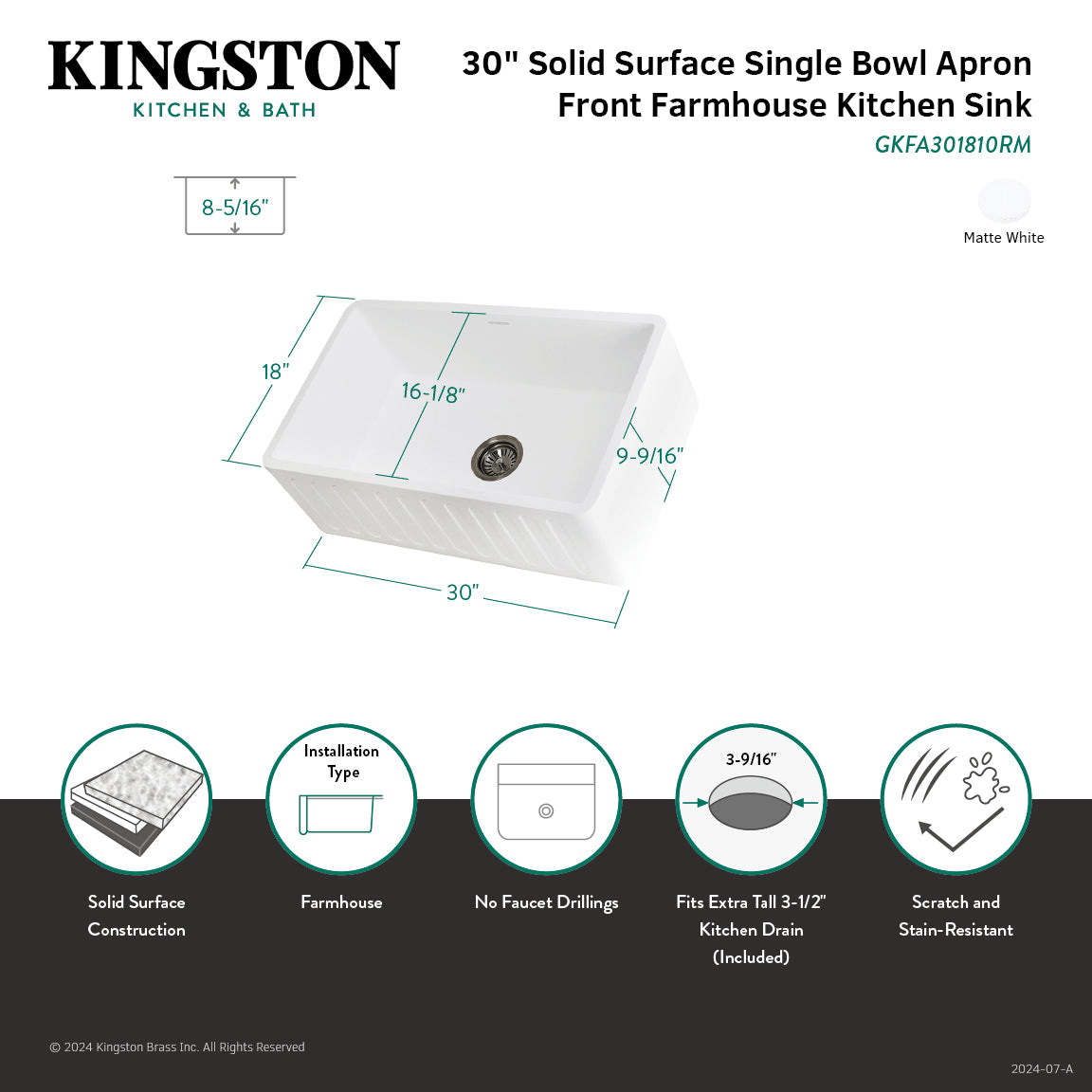 Arcticstone 30 Inch White Farmhouse Kitchen Sink - Matte White Solid Surface Apron Front Single Bowl with Strainer - Perfect for Modern Farmhouse & Rustic Kitchen Renovations
