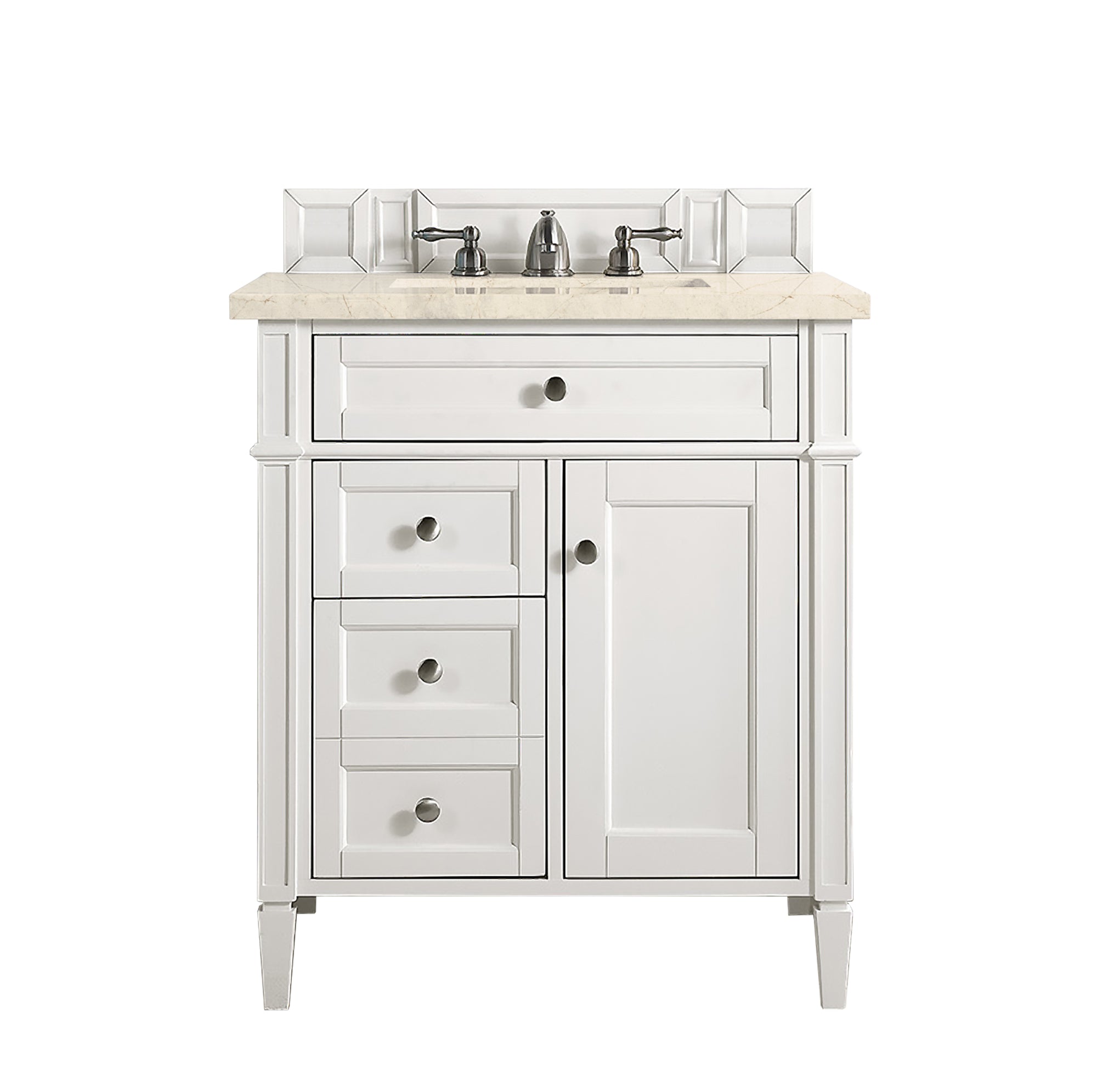 Brittany 30-Inch Single Bathroom Vanity Set with 3CM Eternal Marfil Quartz Countertop in Bright White - Perfect for Modern Master Bathrooms and Powder Rooms