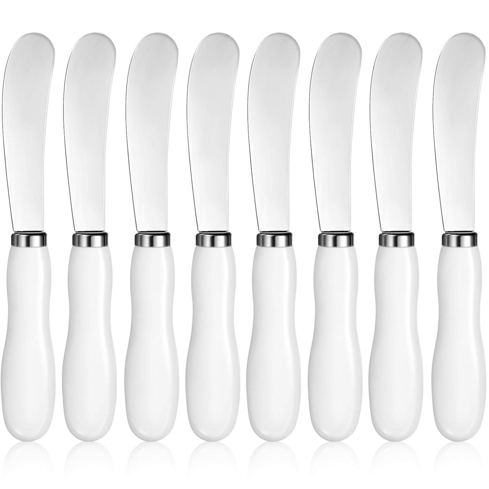 Premium Stainless Steel Cheese Spreader Knife with White Porcelain Handle - 5.74 Inch Multipurpose Butter & Cheese Knife for Charcuterie Boards, Wine Parties, and Kitchen Use (Set of 8)