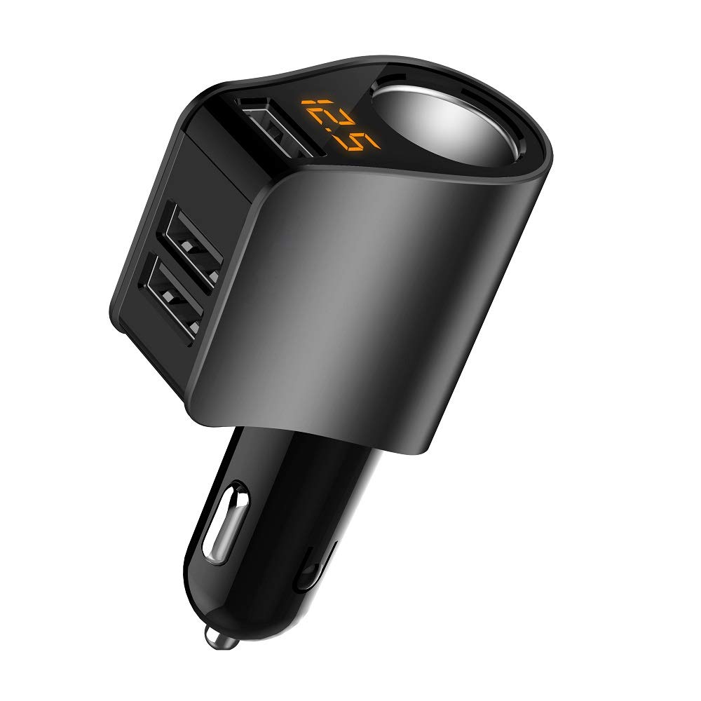 LIHAN 12V Car Charger with Voltage Display - 3 USB Ports & Cigarette Lighter Socket Splitter - Fast Charging Compatible with iPhone, iPad, AirPods, Samsung & Android Phones (Black) - Perfect for Road Trips & Daily Commute