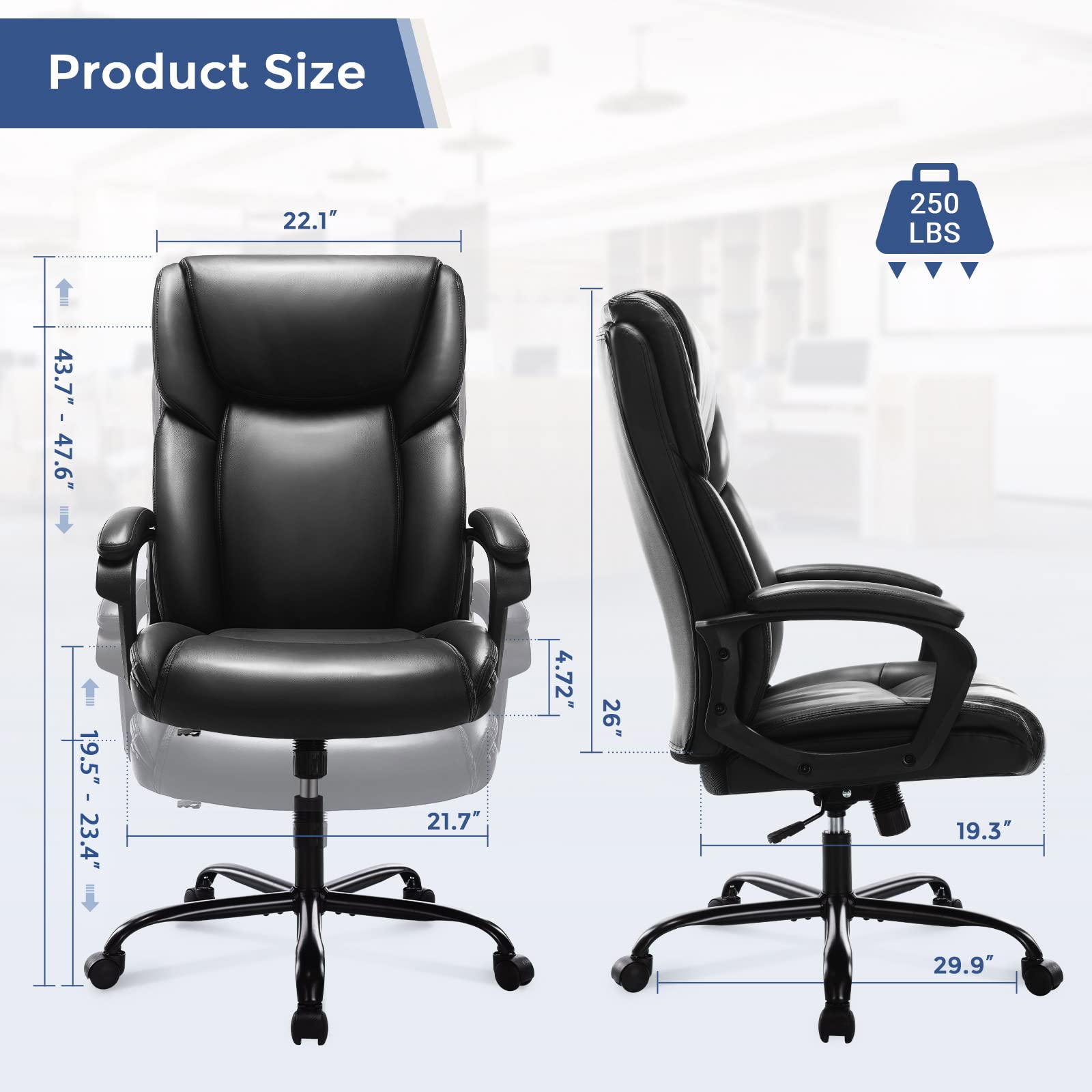 Premium High Back Executive Office Chair - Adjustable Ergonomic Managerial Swivel Task Chair with Lumbar Support, PU Leather, Rolling Casters - Perfect for Home Office, Computer Work & Conference Rooms (Black)