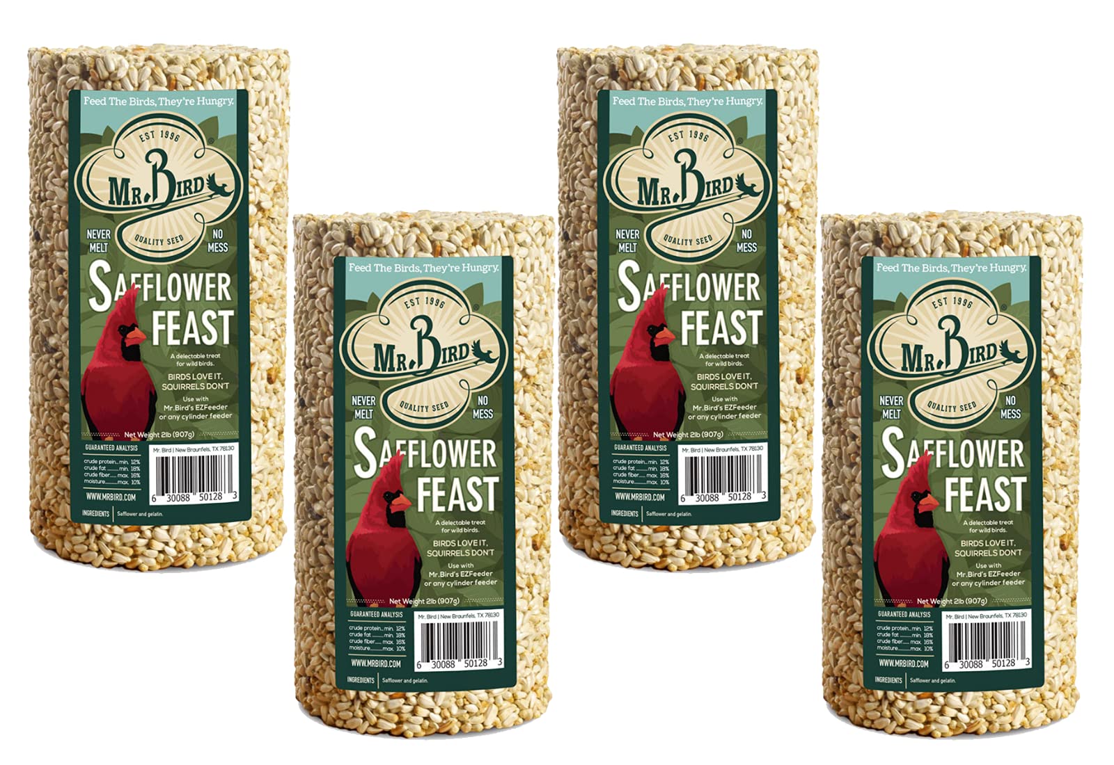 4-Pack Mr. Bird Safflower Feast Small Wild Bird Seed Cylinder 28 oz - Premium Safflower Seed Treat for Cardinals, Finches & Songbirds - Perfect for Backyard Bird Feeders & Wildlife Gardens