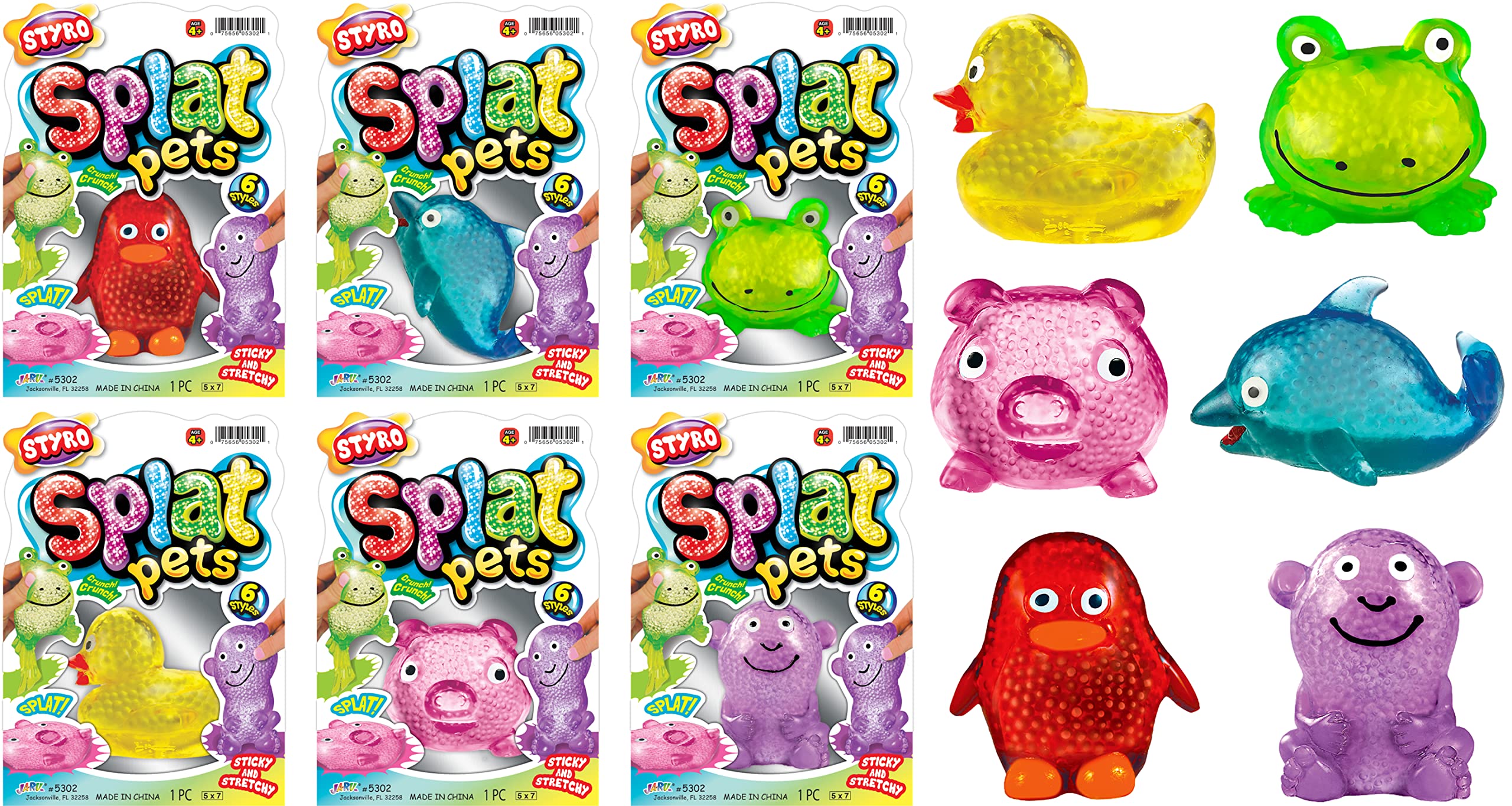 Ja-Ru's Splat Pets - 6 Pack Animal Stress Balls for Kids & Adults | Sensory Fidget Toys with Styrofoam Beads | Anxiety Relief & Party Favors | Perfect for Christmas Stocking Stuffers, Classroom Rewards & Office Stress Relief