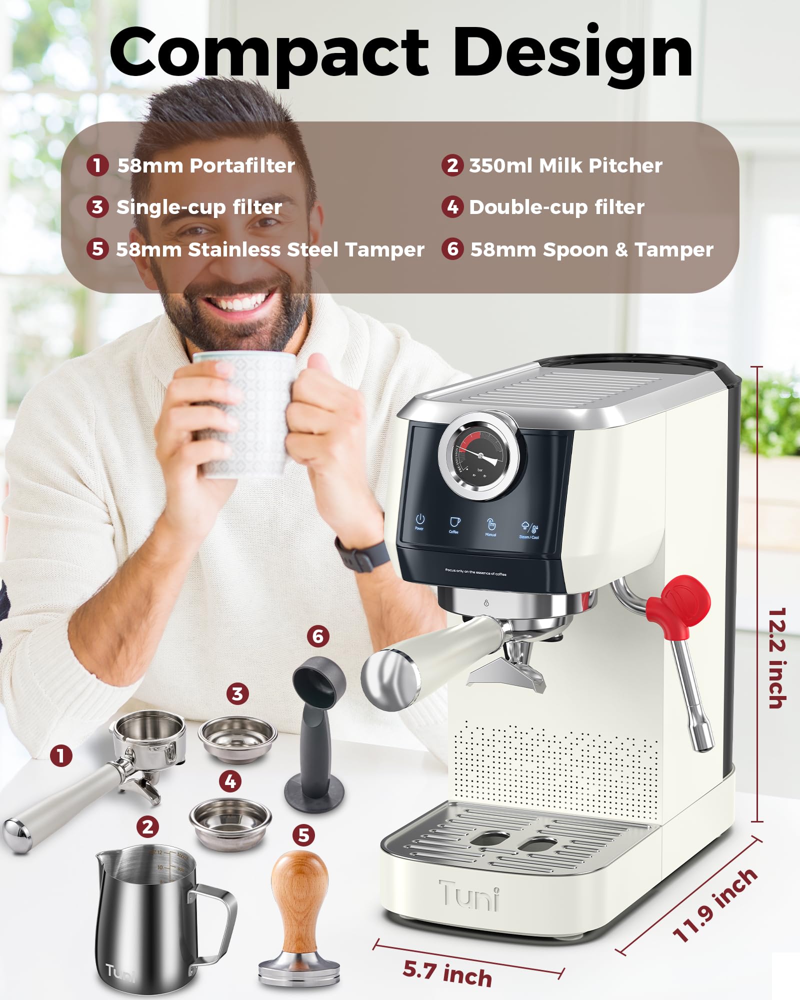 Premium Tuni E2 58mm Semi-Automatic Espresso Machine - 20Bar Pressure Dual Boiler System with 10mm Steam Milk Frother - Professional UKLA Pump for Espresso & Cappuccino - Perfect Gift for Coffee Lovers - Ideal for Home Baristas, Coffee Shops & Office Use