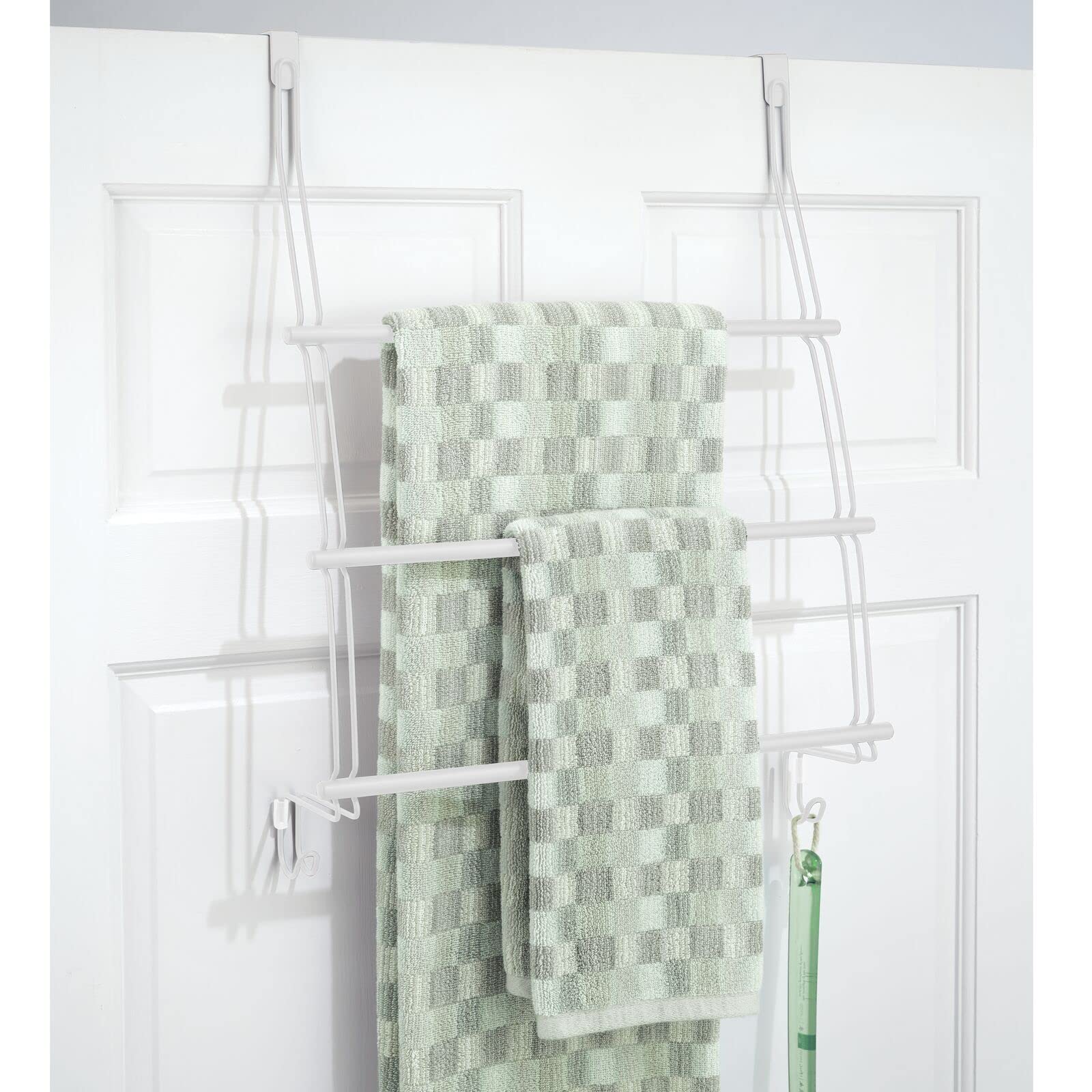 Adjustable 3-Tier Over Door Towel Rack Holder with 2 Hooks - Metal Bathroom Organizer for Shower, Blankets, Washcloths - Matte White - Perfect for Small Spaces & Back of Door Storage