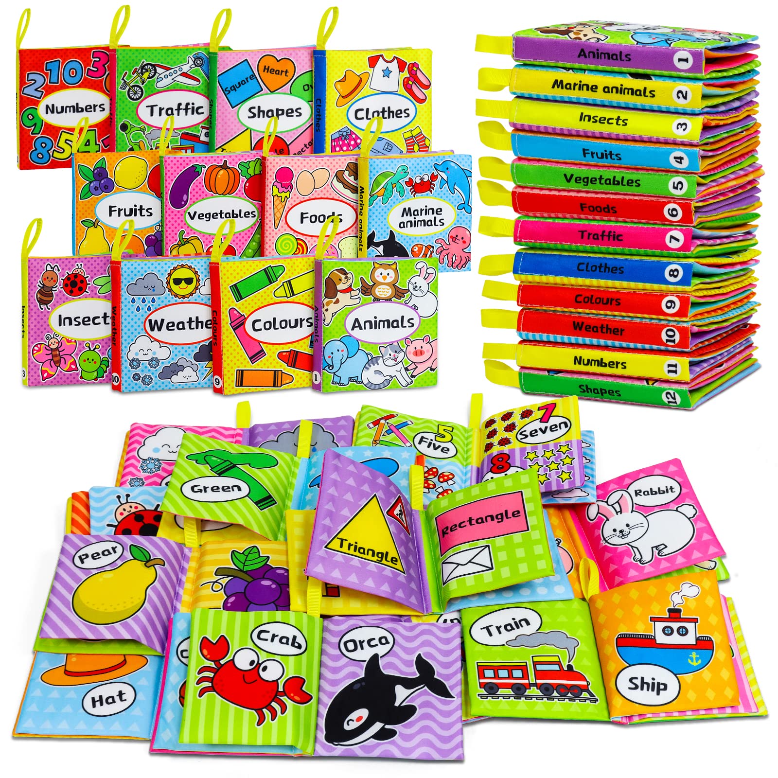 OKOOKO 12PCS Soft Baby Cloth Books - Washable Crinkle Bath Books for Newborns, Infants & Toddlers | Non-Toxic Early Learning Educational Toys for Preschool Kids | Perfect for Bathtime, Bedtime & Travel