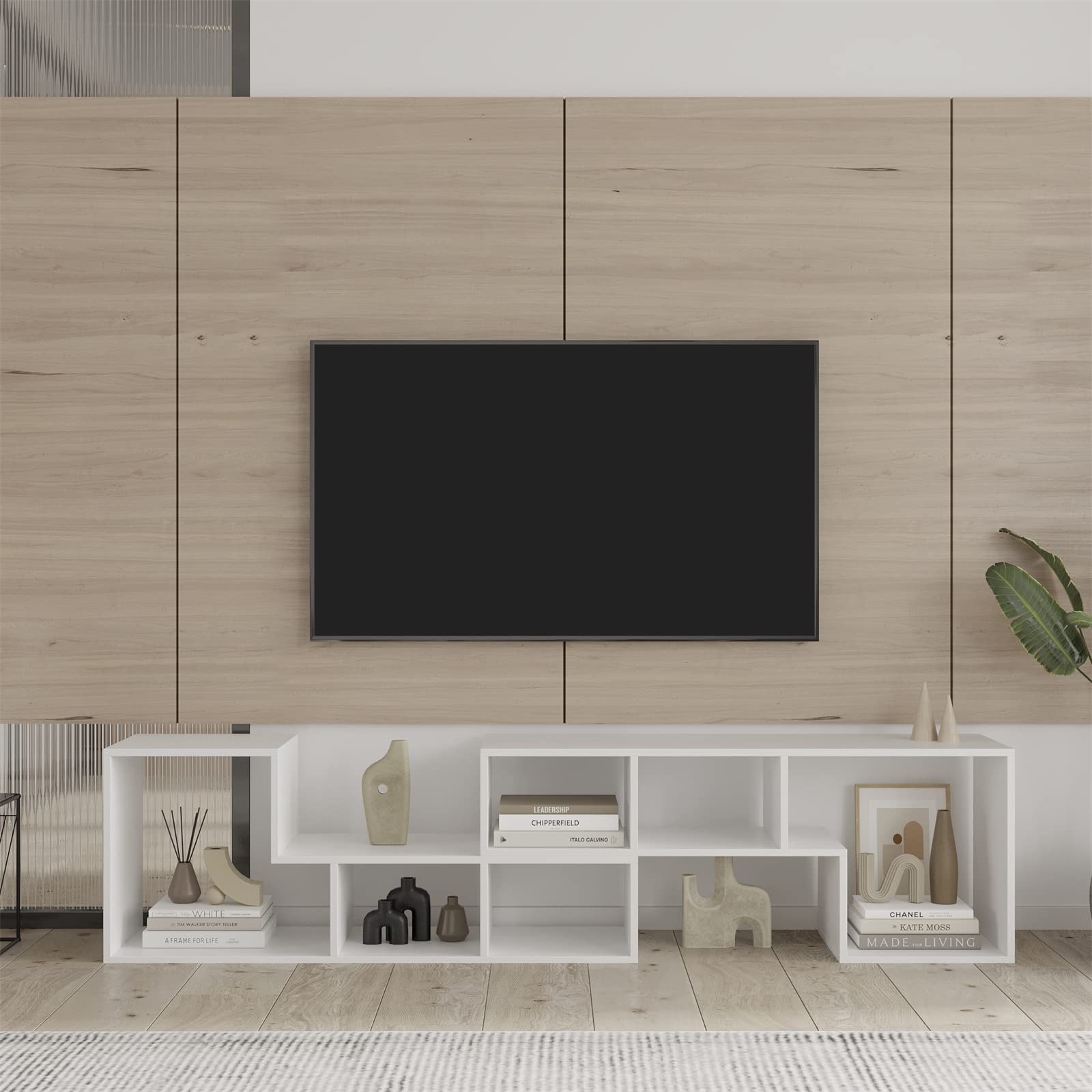 Modern White Wood TV Stand with Storage Shelves - Entertainment Center for Flat Screen TVs, Free Combination Display Shelf & Bookcase - Perfect for Living Room, Home Theater & Media Organization