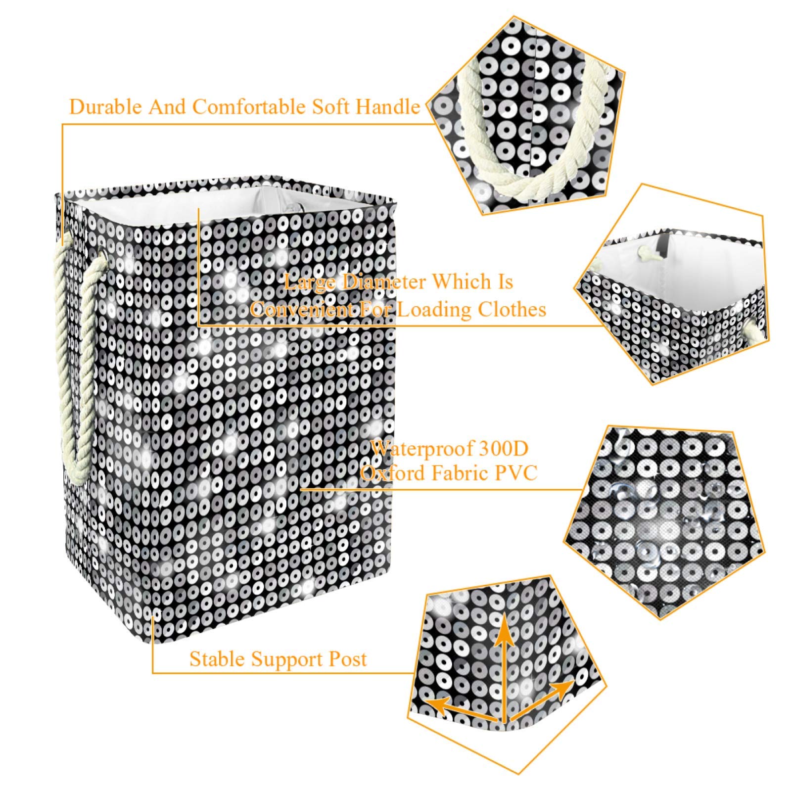 Silver Sequin Glitter Foldable Laundry Hamper Storage Basket - 19.3x11.8x15.9 Inch Organizer for Nursery, Playroom, Closet & Home Organization | Perfect for Kids' Rooms, Dorm Storage & Toy Collection