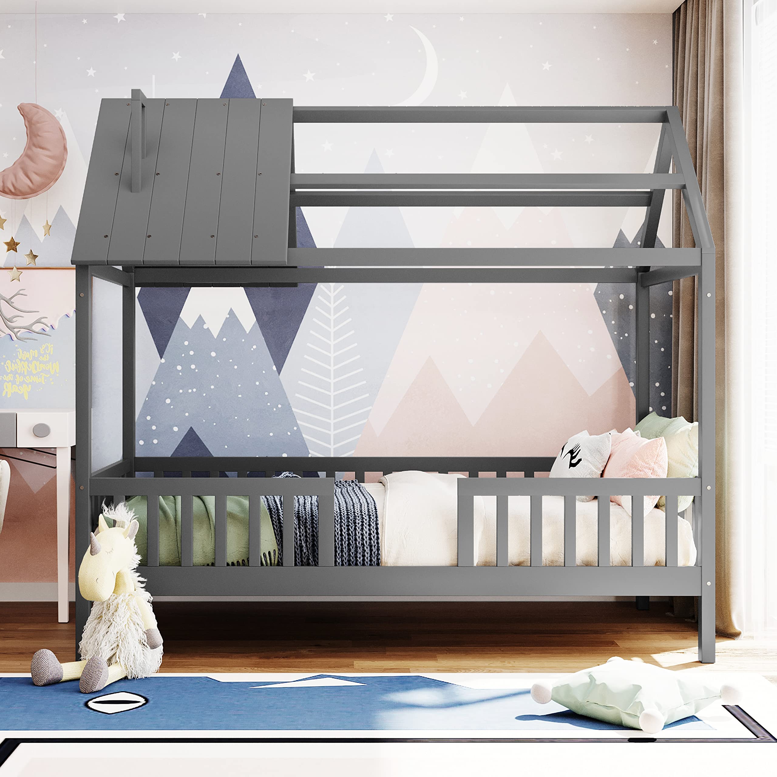 MERITLINE Twin Size Wooden House Bed for Kids with Roof & Fence - Gray Platform Bed for Boys & Girls - Perfect for Bedrooms, Playrooms & Montessori Spaces