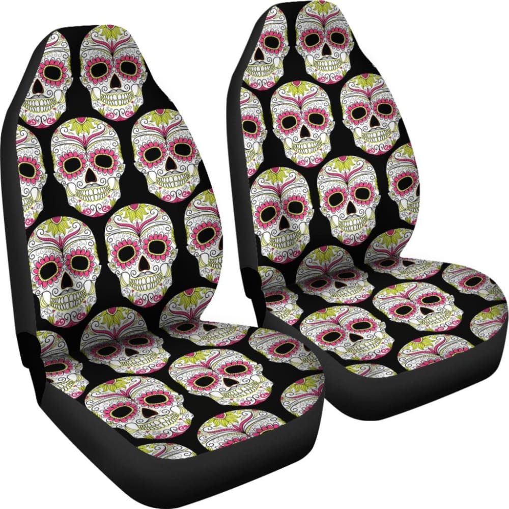 2 Pcs Sugar Skull Car Seat Covers - Day of The Dead Themed Seat Protectors for Cars, Trucks & SUVs | Perfect for Halloween, Dia de Los Muertos Celebrations & Unique Car Decor