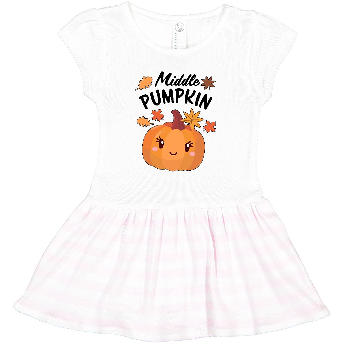 Inktastic Middle Pumpkin with Fall Leaves Toddler Dress - Cute Autumn Outfit for Girls, Soft Cotton Baby Dress for Fall Season, Perfect for Halloween, Thanksgiving & Family Photos