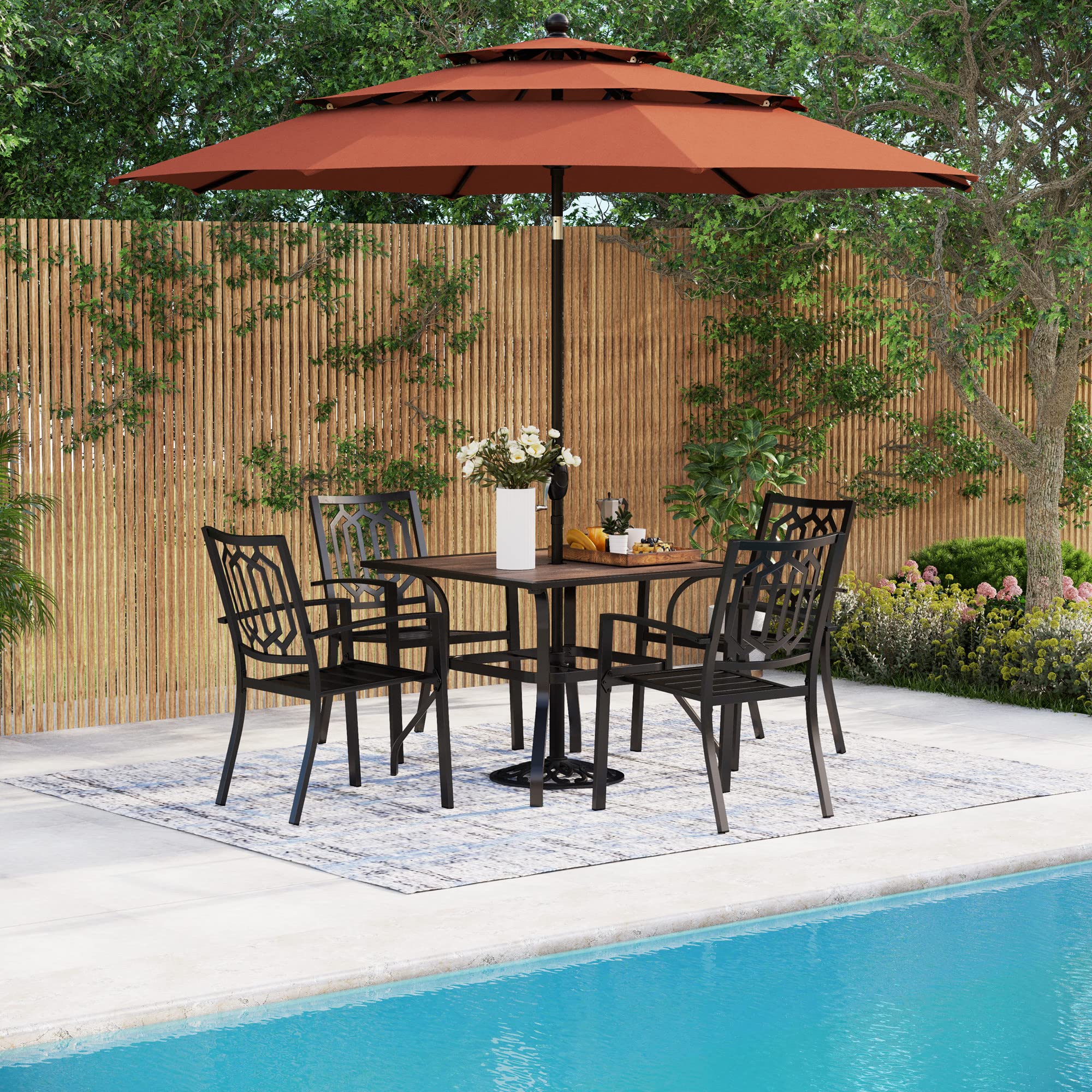 MFSTUDIO 4-Piece Outdoor Patio Dining Set with Umbrella - Stackable Chairs & Wood-Like Square Table - Perfect for Backyard, Garden, Poolside & Outdoor Entertaining (Orange Red, Umbrella Base Not Included)