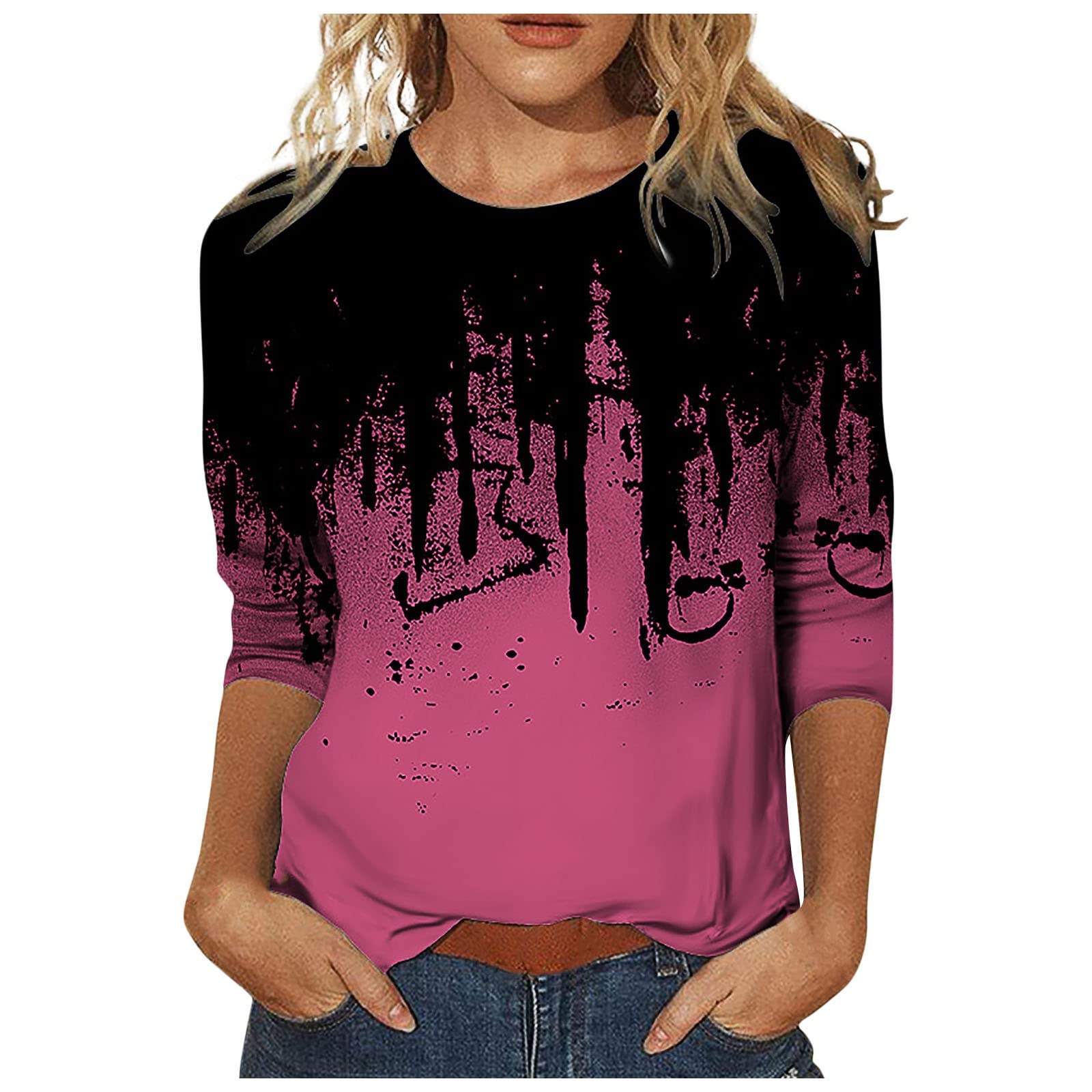 Women's Casual 3/4 Sleeve Butterfly Print Tee Shirts - Lightweight Loose Fit Henley Tops for Everyday Wear | Perfect for Spring Outfits, Weekend Brunch & Casual Office Looks