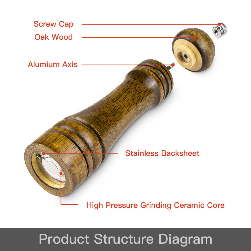Premium 8 Inch Wood Pepper Grinder with Ceramic Rotor - Adjustable Coarseness, Hand Operated Capstan Mill for Freshly Ground Spices - Perfect for Kitchen, Dining Table & Gourmet Cooking