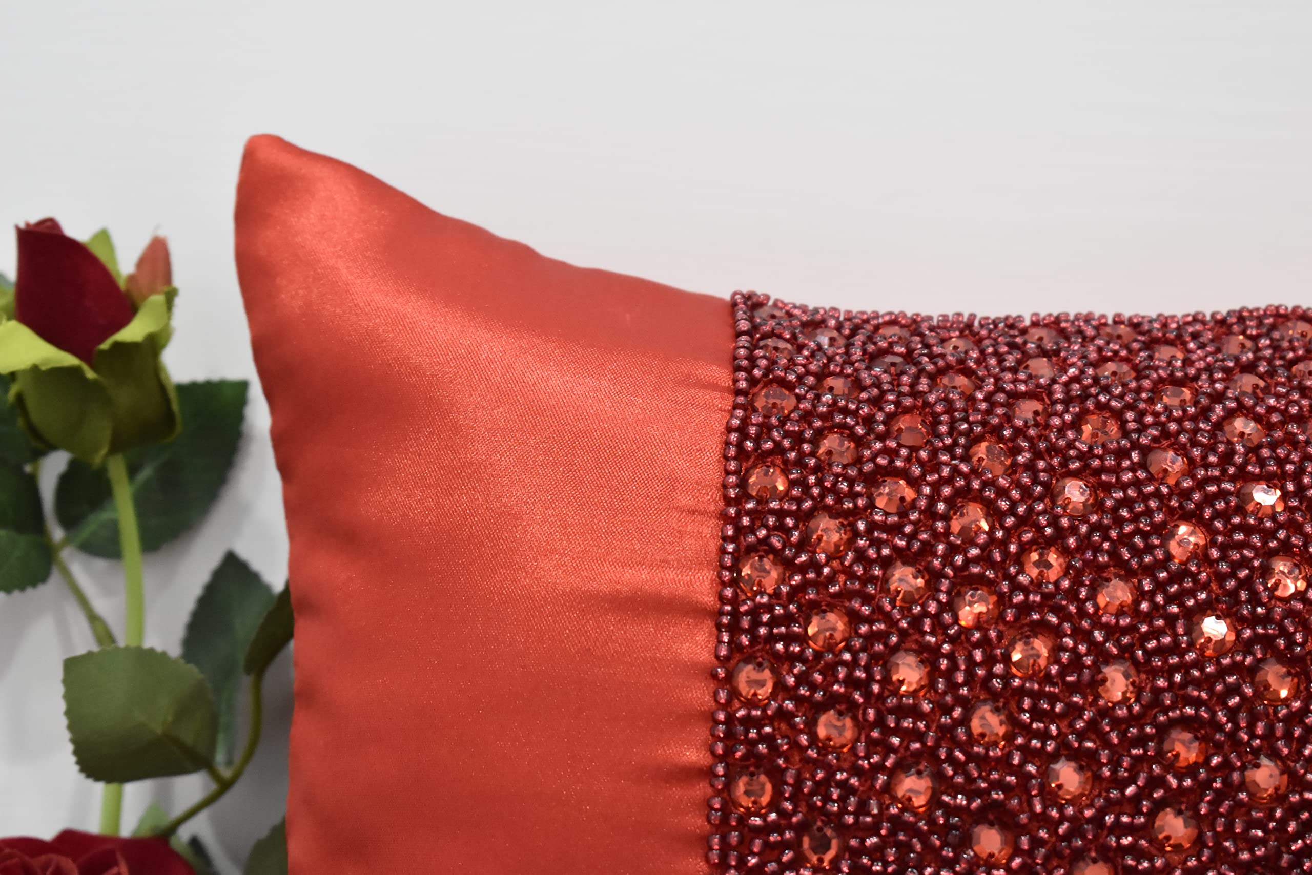 Luxury Handmade Beaded Pillow Cover - Red Embroidered Decorative Throw Pillow with Crystal Embellishments, Contemporary Modern Design, Custom Personalized (22x22 Inches) - Perfect for Sofa, Bed, Couch & Home Decor