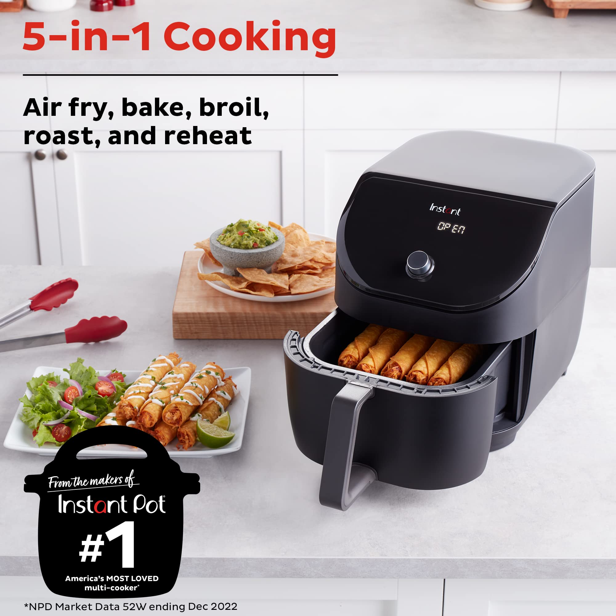 Instant Pot Vortex Slim XL 6QT Air Fryer - Quiet, Space Saving, Nonstick & Dishwasher-Safe | Crisps, Roasts, Reheats, Bakes & Broils | 100+ In-App Recipes | Perfect for Healthy Cooking, Meal Prep & Family Dinners | Black