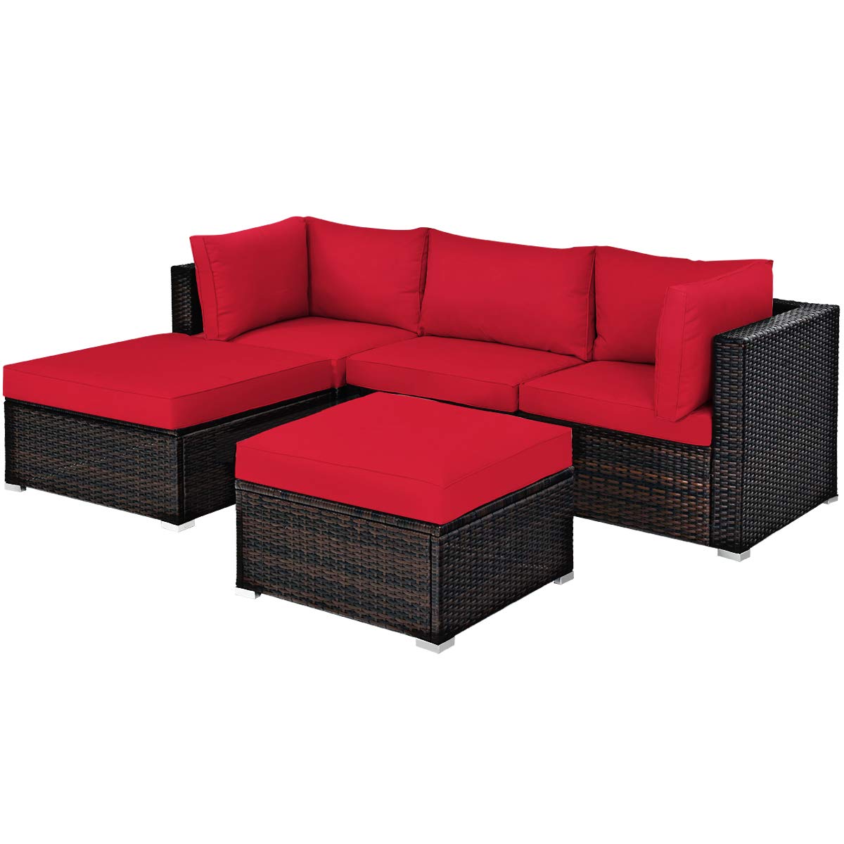 COSTWAY 5-Piece Outdoor Patio Furniture Set - PE Rattan Sectional Sofa with Cushions & 2 Ottomans, Waterproof Garden Conversation Set for Backyard, Deck, Balcony (Red) | Perfect for Outdoor Relaxation & Entertaining Guests