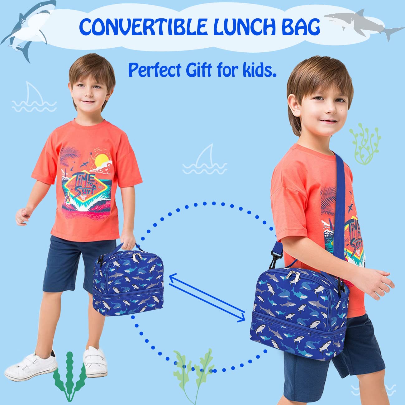 Insulated Lunch Box for Boys - Cute Thermal Lunch Tote Bag with Dual Compartment & Removable Shoulder Strap, Blue Shark Design by VONXURY - Perfect for School, Work & Outdoor Activities