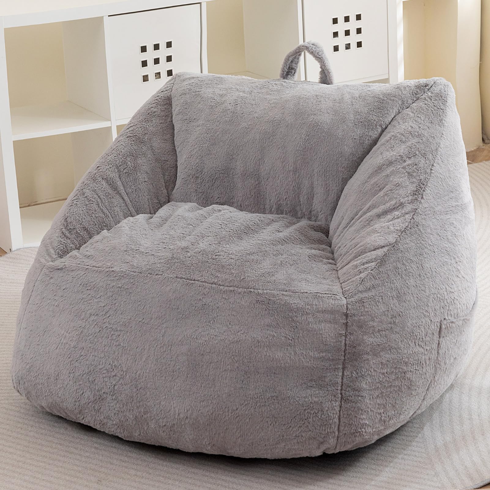 MAXYOYO Bean Bag Chair for Adults, Kids & Teens - Soft Floor Sofa with Handle for Gaming, Reading & Relaxing - Grey - Perfect for Living Room, Bedroom & Game Room