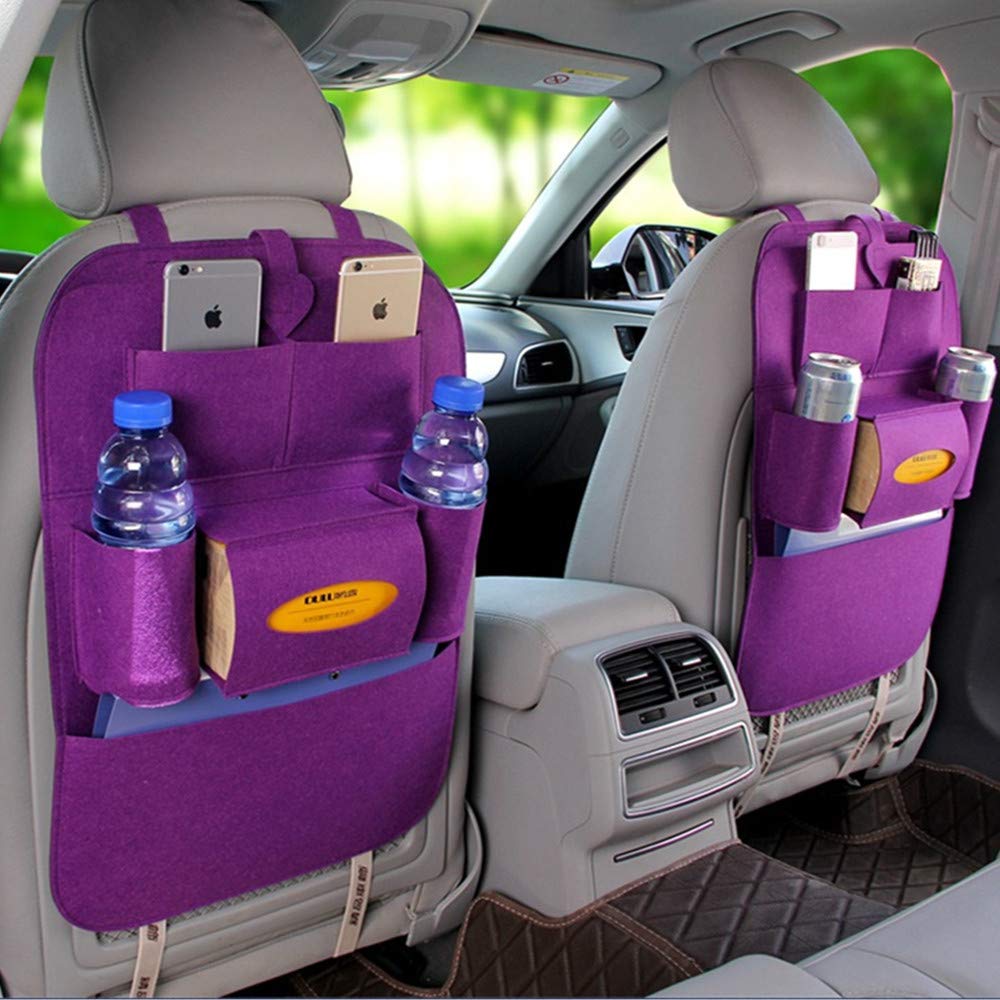 BININBOX Car Backseat Organizer - Felt Pocket Protector & Kick Mat for Baby Kids Travel Accessories, Toy & Bottle Storage (Purple) | Perfect for Road Trips, Family Vacations & Daily Commutes