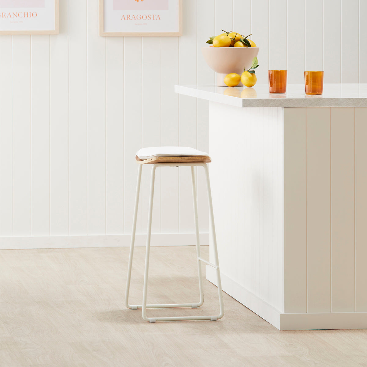 Hendrix Backless Bar Stool - Solid Oak Wood with White Leather Seat - Modern Kitchen Island & Home Bar Counter Stools for Dining & Entertaining