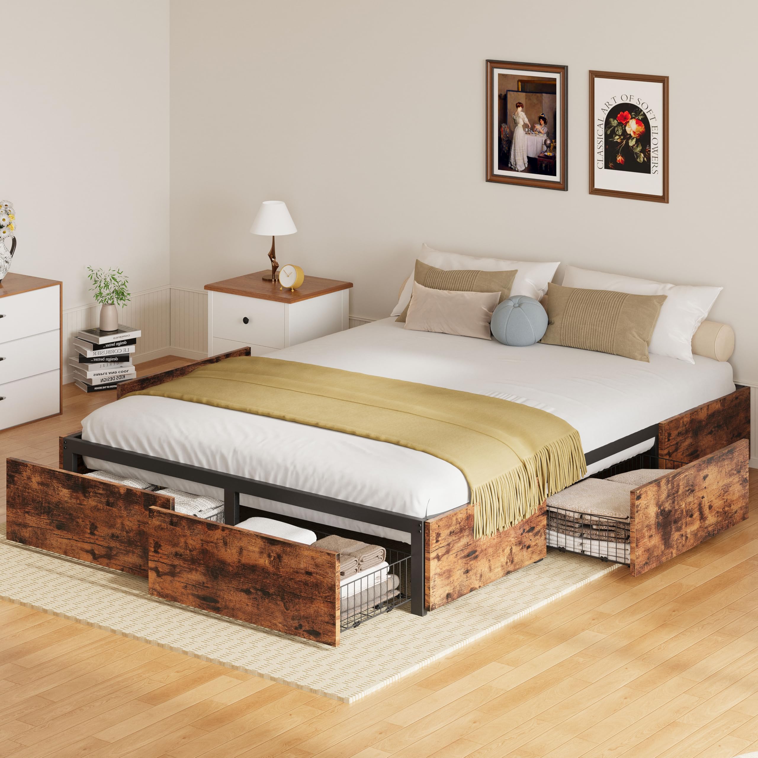 LIKIMIO Queen Size Bed Frame with Storage Drawers - Heavy Duty Metal Platform Bed with 4 Storage Drawers, Sturdy & Noise-Free Design, No Box Spring Required, Easy Assembly, Vintage Brown Finish - Perfect for Small Bedrooms, Guest Rooms & Dormitories